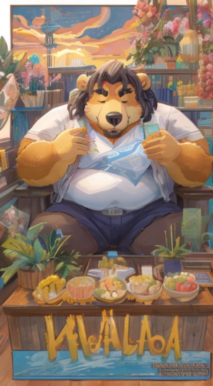Crie uma obra de arte digital no estilo pop art, featuring a morbidly obese bear, chubby, extremely thick thighs, large belly, wearing a tie and unbuttoned white t-shirt ,socks and sleeping shorts,, Plantas, Sozinho, Macho, velho, maduro, sobrepeso, cabelo cinza, cabelo curto, bigode, peito peludo, pelo marrom, corpo marrom, urso, Pesado, grande, grande, cinematic color scheme, surrounded by vintage flower patterns, energetic strokes,the climate must be dynamic, tronco, desenho, illustration, escala de cinza, tropical, fruit fertilizer, fertilizer plants, Muitas flores, Vetor, pintura, fundo de profundidade, inspirado em Shiba Kokan, Front view image