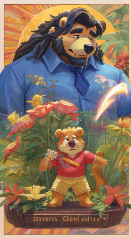 Crie uma obra de arte digital no estilo pop art, featuring a morbidly obese bear, chubby, extremely thick thighs, large belly, wearing a tie and unbuttoned white t-shirt ,socks and sleeping shorts,, Plantas, Sozinho, Macho, velho, maduro, sobrepeso, cabelo cinza, cabelo curto, bigode, peito peludo, pelo marrom, corpo marrom, urso, Pesado, grande, grande, cinematic color scheme, surrounded by vintage flower patterns, energetic strokes,the climate must be dynamic, tronco, desenho, illustration, escala de cinza, tropical, fruit fertilizer, fertilizer plants, Muitas flores, Vetor, pintura, fundo de profundidade, inspirado em Shiba Kokan, Front view image