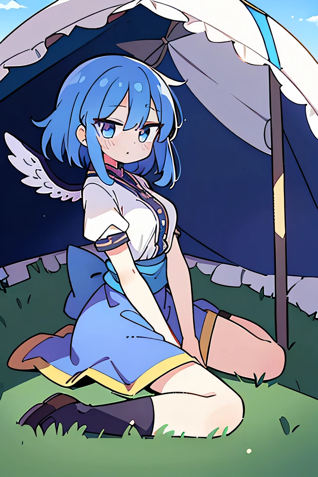 (masterpiece),best quality, expressive eyes, perfect face,sit, sit on ground, legs on the ground, 1girl,
big breasts, ? cup, Good breasts, Put your hands on your waist,Fair, Gorgeous,japanese manga,girl,Laura,young angel, blue hair, blue haired,tent , tent chest, tent breast, floating clothes