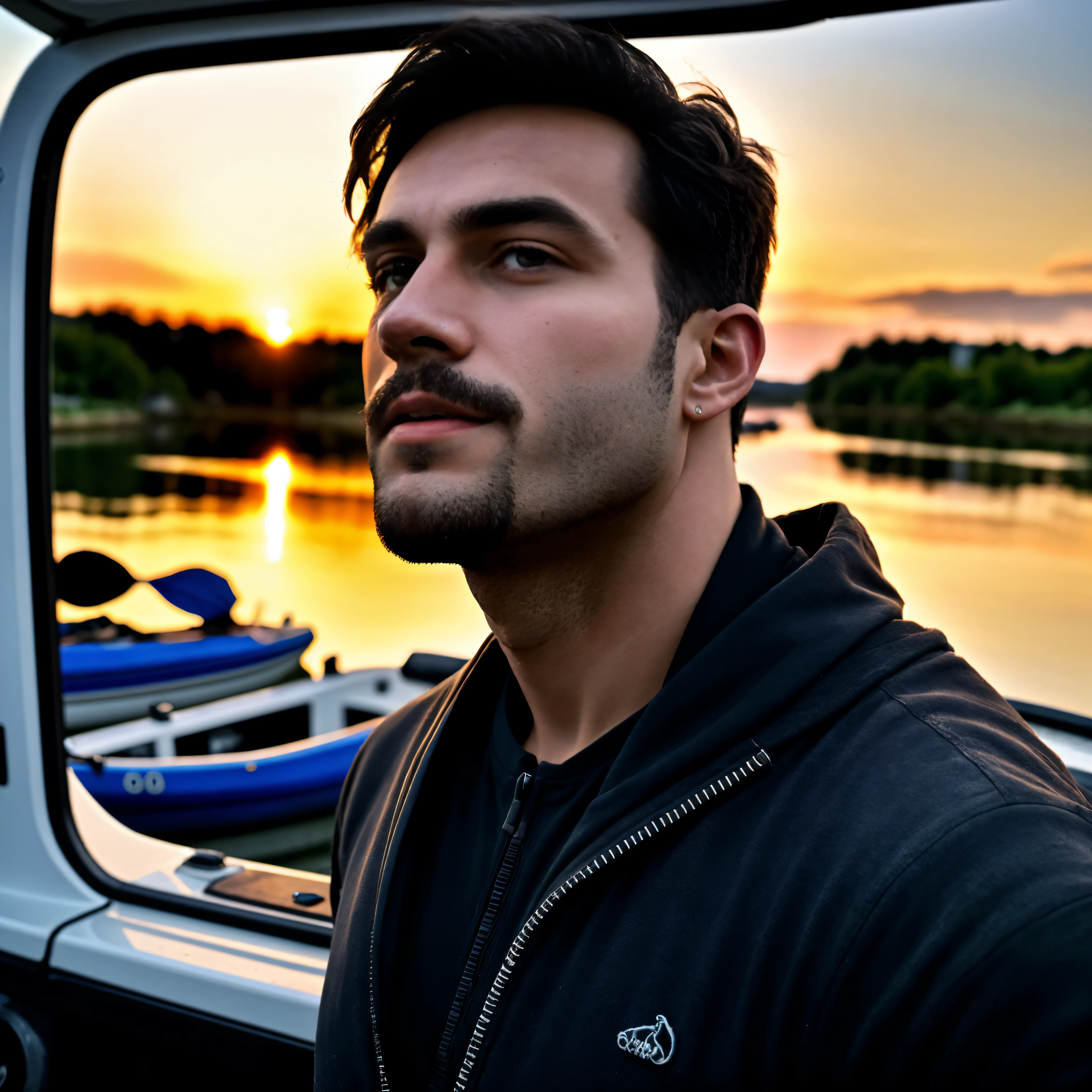 masterpiece, best quality, high resolution, closeup portrait, male focus, solo focus, A man, 55 years old, with sailor clothes, blonde bleached hair, messy hair, bare chest, body hair, facial hair, roman nose very skinny body, hairy legs, dimples, goatee and mustache, bold jawline , in the background a boat and sunset skies, amazing composition, front view, HDR, ultra quality, elegant, highly detailed, varied multi etc. --v6 --s1000 --c20 --q5 --chaos100