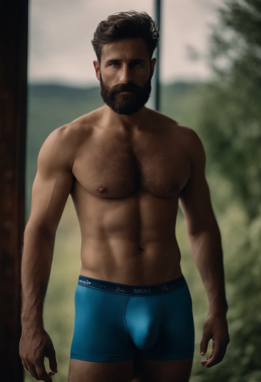 Generate me a handsome beard full body thin hairy chest shirtless blue underwear 