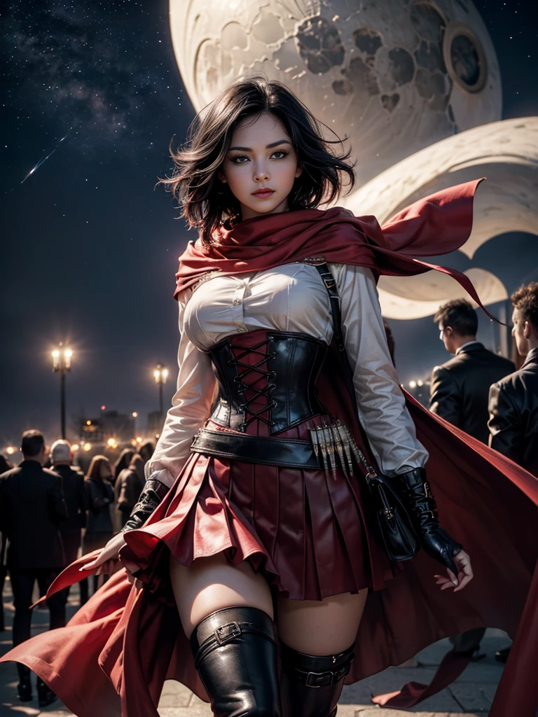 (masterpiece,stunning girlfriend, (standing:1.1), dynamic pose, heart shaped face,elegant face, beautiful face, highly detailed face, highly detailed skin, skin pores, subsurface scattering, realistic pupils, loving smile, looking at viewer, full lips, detailed background, depth of field, atmospheric perspective, volumetric lighting, sharp focus, absurdres, realistic proportions, good anatomy, (realistic, hyperrealistic:1.4), 16k hdr, 1girl,atlasrose, (short black hair), gradient hair, grey eyes, red cape, white shirt, pantyhose, belt, red skirt, corset, thigh boots, fingerless gloves,masterpiece,best quality,extremely detailed, rose petals, wind, evening, [[moon]], stars, standing, in front of the white house, washington dc, night, stars, crowds 