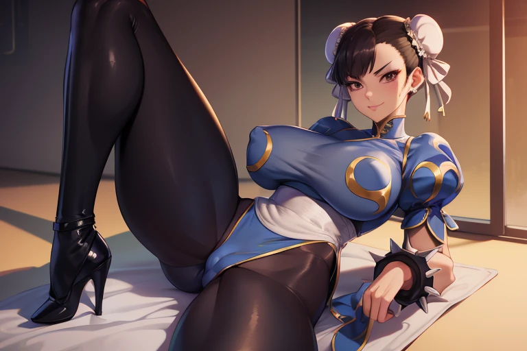 solo, masterpiece, best quality, agrias, grey sweater, black leotard, standing, looking at viewer, short hair,oculos,evil smile, evil look, chun li,luvas preta,roupa azul,yandere rosto
