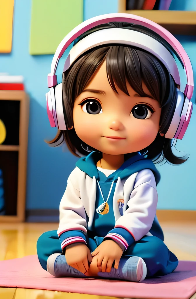 Uma de 6 anos, sozinha, sitting on the floor, em um tapete de sala, desenhando em um caderno, usando headphone.