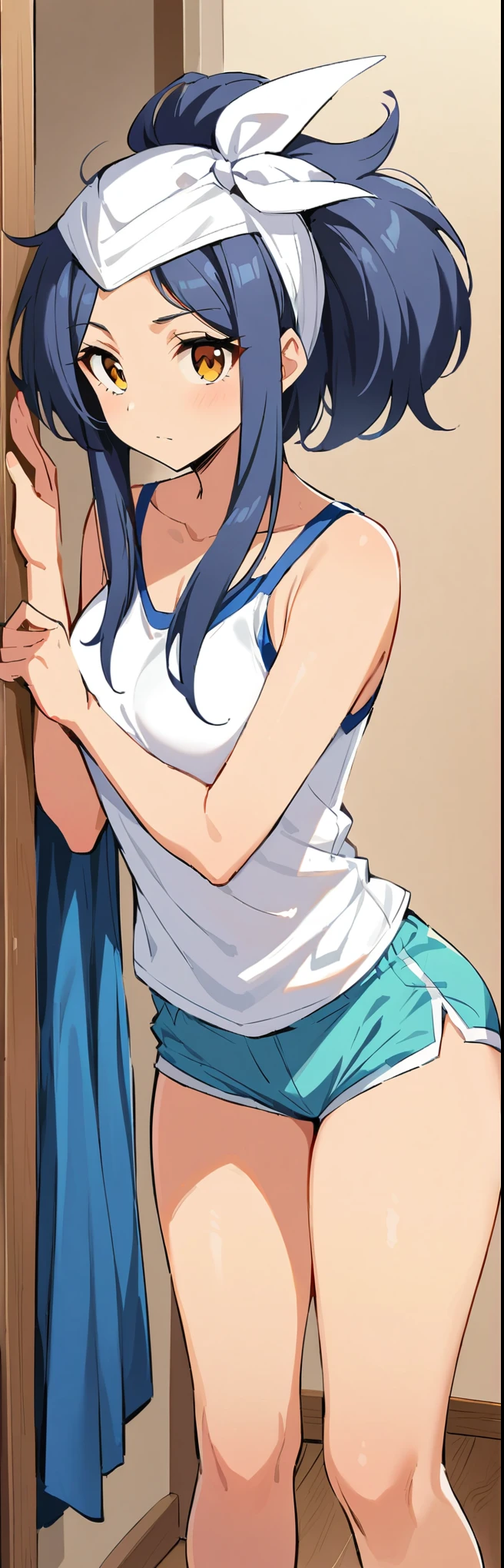 (obra maestra, Mejor calidad:1.2), 1 chica, solo,de pie_dividir,
pelo largo, Camiseta sin mangas blanca sin mangas,pantalones cortos de mezclilla azul desnuda sin ropa