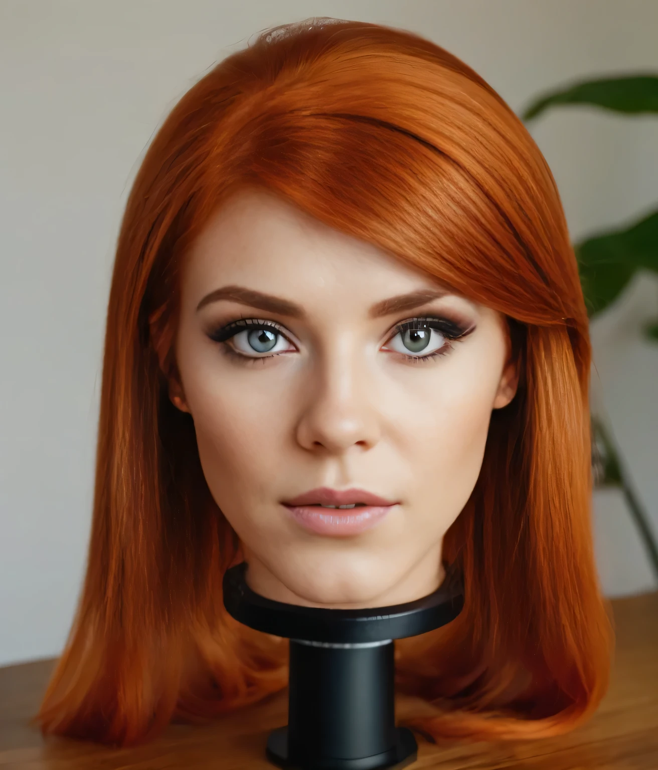 ((disembodied head on a table stand)), detailed skin texture, Une photographie d&#39; female woman with a face, ginger hair, ((Lora:pretty makeup, sexy)).