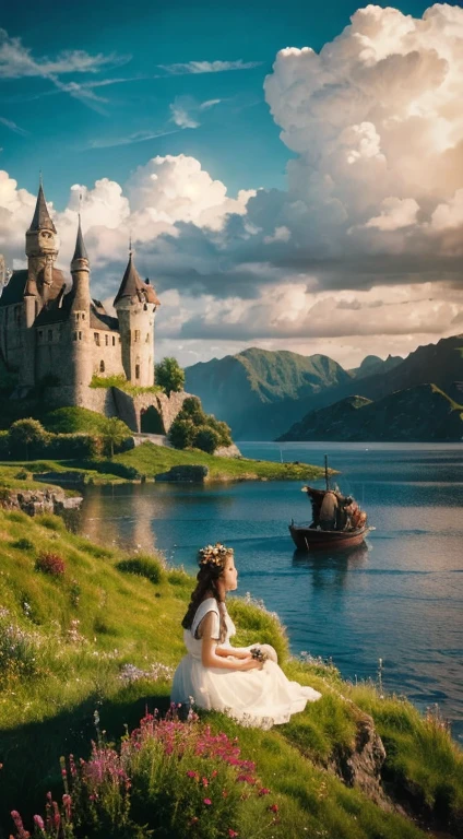 masterpiece, highest quality, 1:1, Ratio, sit down, quaint farm girl, Survive the harsh times of the Middle Ages, World of madness, surreal landscape, floating island, fantastic cloud castle, (highest quality: 1.3), (High resolution: 1), (be familiar with: 1.3), (can't believe it: 1.3), (perfection: 1.3), (