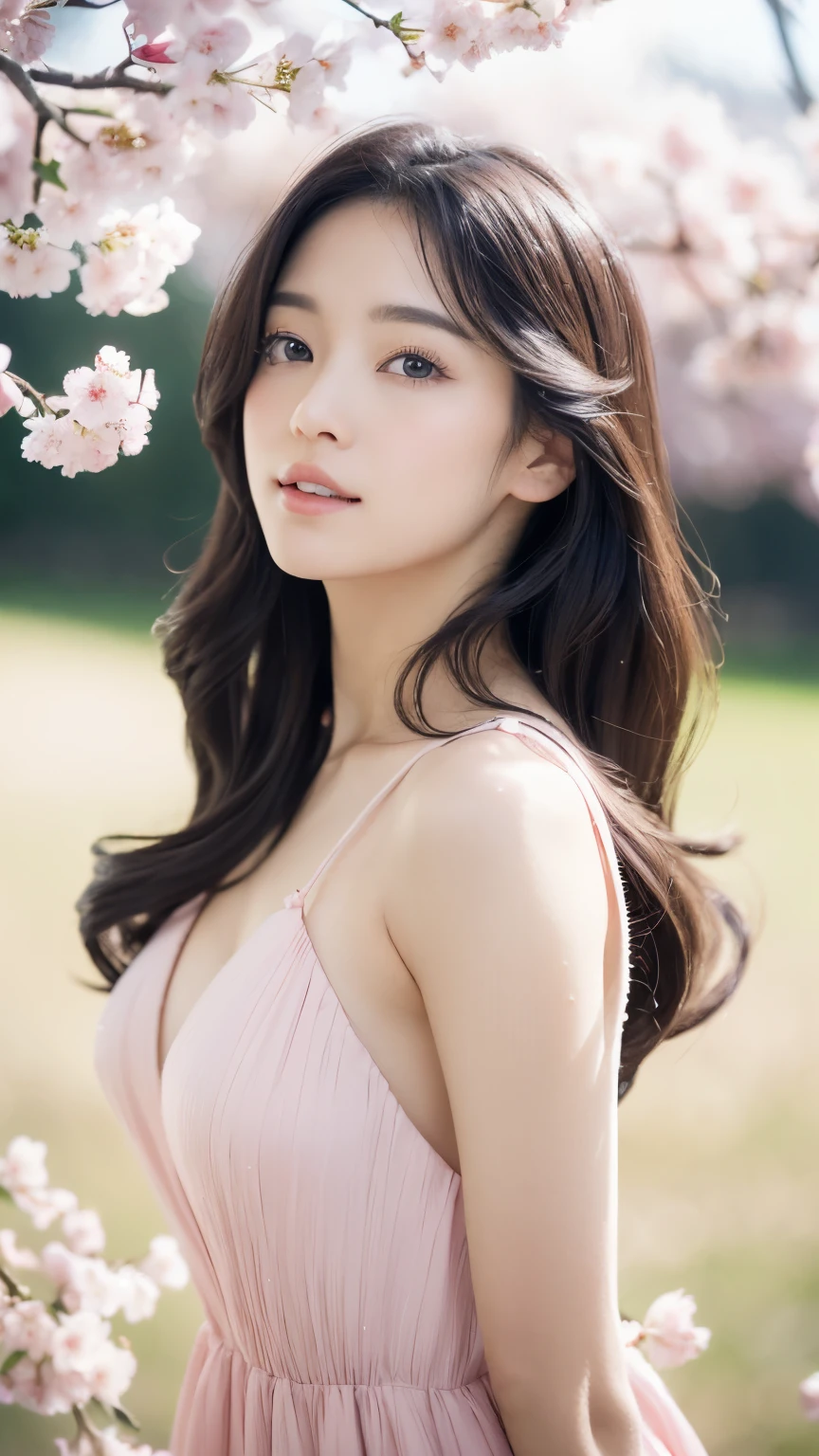(A logo、masterpiece、8K、masutepiece、Raw photo、Fantastic、Best Quality、Photorealistic and ighly detailed CG integrated 8k wallpaper、hightquality、ighly detailed、epic poem、Particle effect、Dynamic effects、depth of fields、Cinematic Light、Lens Flare、Ray tracing)、Fantasia、 (Beauty 1 person、doress、Dress、Cherry blossom pattern、A dark-haired、Beautiful face、Real Face、beautiful details eyes beautiful skin)、my hair dances in the wind、Hair flutters in the wind、Hair jumps、Pink cherry blossom tree、Petals flutter、Sakura blizzard、Superb view、morning glow、Sun in the background、the wind、