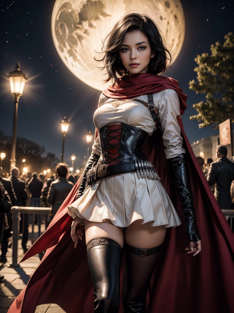 (masterpiece,stunning girlfriend, (standing:1.1), dynamic pose, heart shaped face,elegant face, beautiful face, highly detailed face, highly detailed skin, skin pores, subsurface scattering, realistic pupils, loving smile, looking at viewer, full lips, detailed background, depth of field, atmospheric perspective, volumetric lighting, sharp focus, absurdres, realistic proportions, good anatomy, (realistic, hyperrealistic:1.4), 16k hdr, 1girl,atlasrose, ((short black hair)), gradient hair, grey eyes, red cape, white shirt, pantyhose, belt, red skirt, corset, thigh boots, fingerless gloves,masterpiece,best quality,extremely detailed, rose petals, wind, evening, [[moon]], stars, standing, in front of the white house, washington dc, night, stars, crowds 