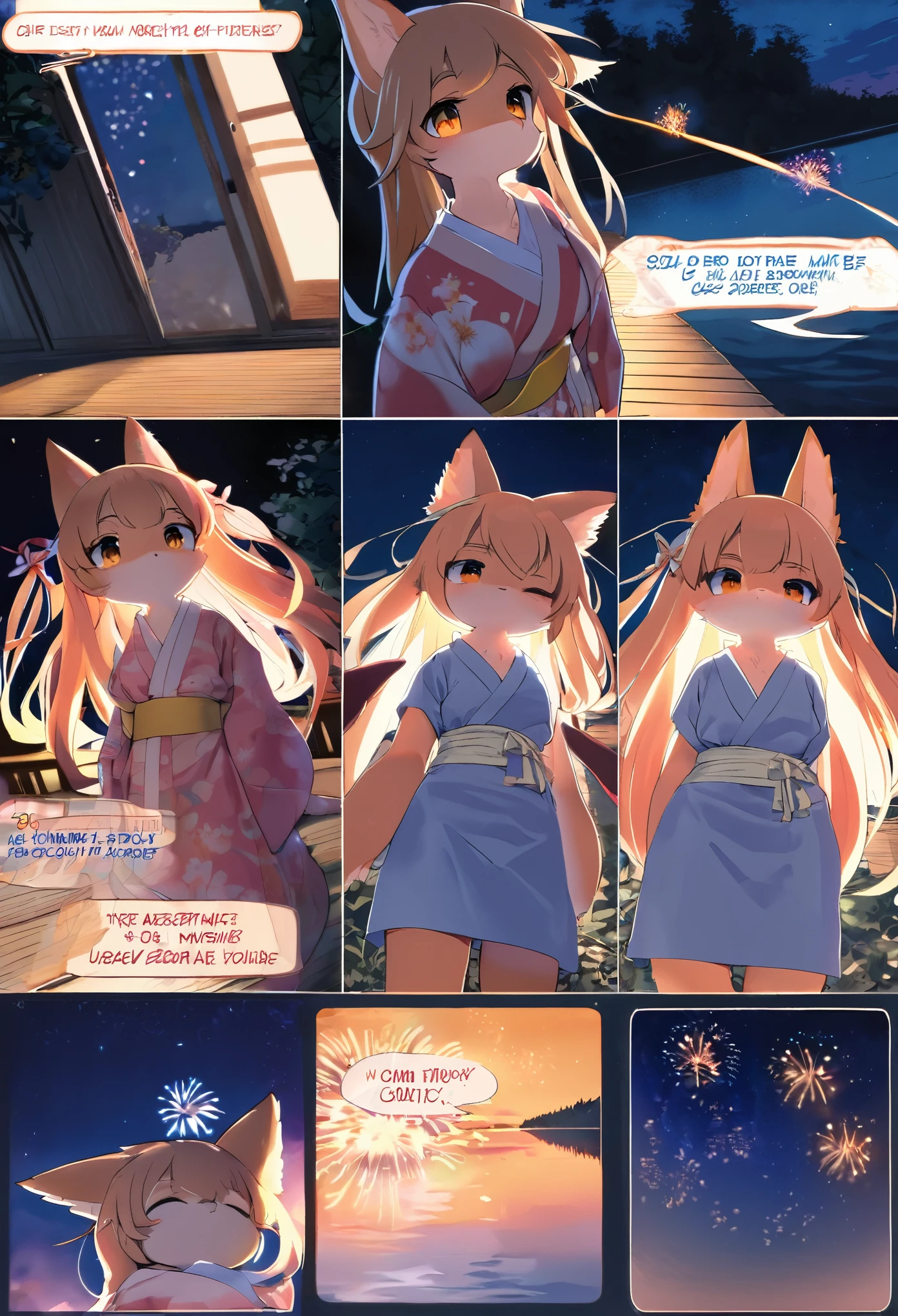top quality, best quality, highres, masterpiece, super high resolution, detailed background, lake, nigh sky, firework, japanese yukata, absurdres, perfect anatomy, good lighting, cinematic shadow(1girl, kemono, furry anthro)assorted expressions, assorted poses, assorted angles, full body, upper shot, dynamic angle(girls comic-like panel layouts, speech balloon, English text, Hand-drawn sound effects stickers used in girls comic),