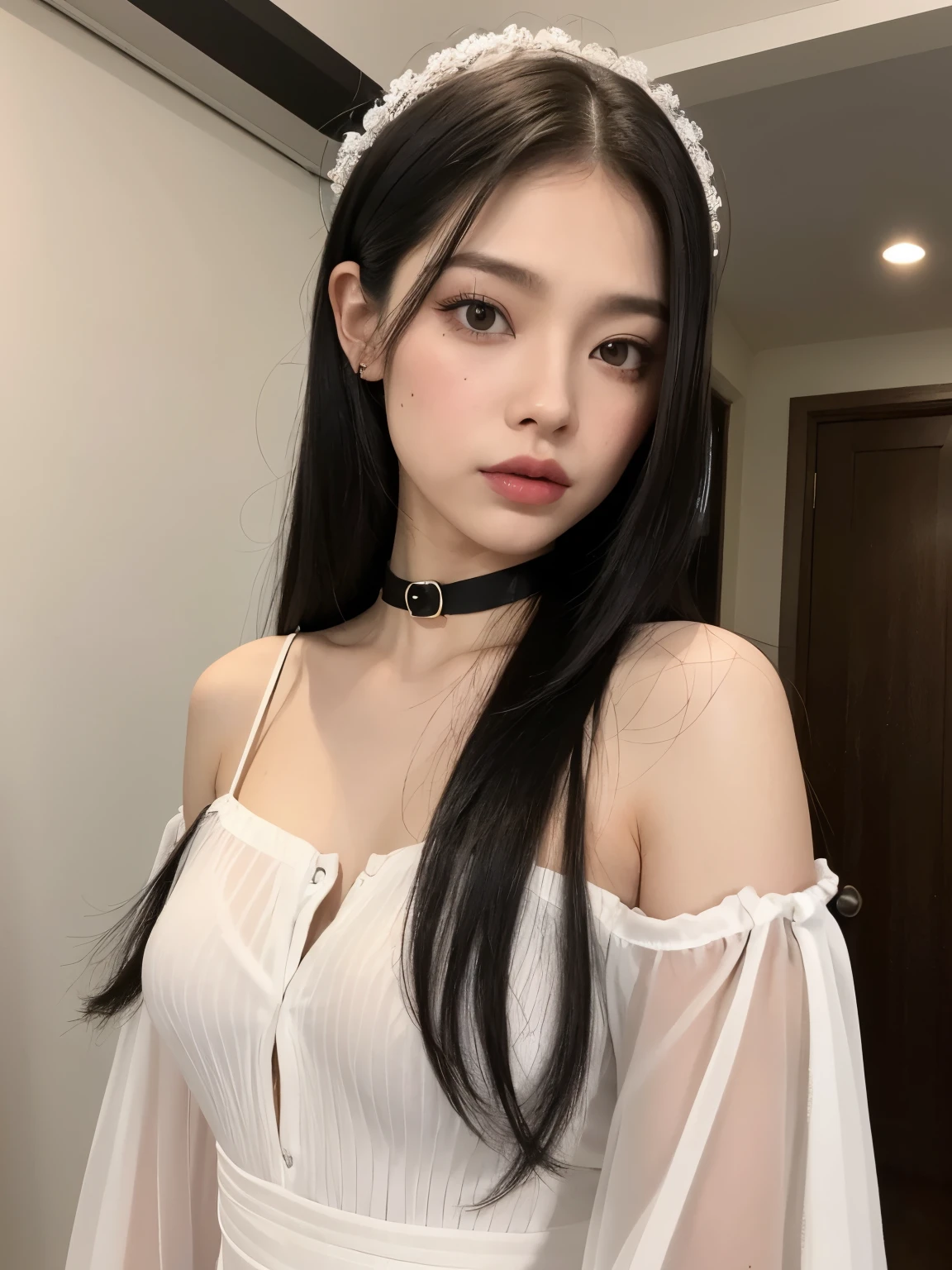 Kim Jennie con el cabello negro oscuro, con rulos en las puntas del cabello negro oscuro, con un ganchito de estrella en el cabello negro oscuro, ojos de color claro, ojos bonitos, ojos llorosos, nariz bonita y respingada, labios bonitos, labios rosas, heart and cupid shaped lip, piel bonita, pale, piel blanca, con lunares y pecas en todo el rostro, rubor rosa suave en las mejilla, rubor rosa natural, dark and gothic makeup, Jennie gotica, mientras ella esta con un chico lindo a su lado, with a cute asian boy standing next to her, mientras hay un torso de hombre, mientras el hombre'His hand is on his jaw.., manos bonitas de hombre, with a gothic boy, cuellos bonito, cuello marcado, frown, mirada enojada, con un collar de beso, un collar bonito de beso, mientras sus pezones son notorios (pechos grandes, pechos suaves, pechos bonitos, pechos naturales), con un vestido blanco, vestido corto y transparente, visible on the nipple, con un chico a su lado, con su novio, mirando a la camara, autofoto