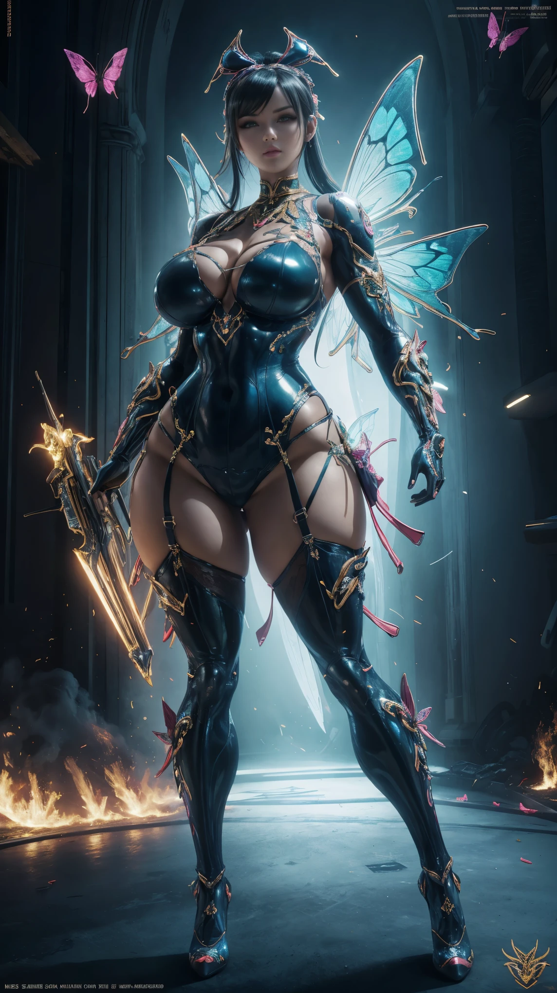 solo, super smooth photo, Unreal Engine 5 8K UHD full body image, woman, bright color scheme armor, details, tattoo details, best quality, masterpiece, official art, unified 8k wallpaper, Highly detailed, sharp focus, dynamic poses, body parts, concept character art Beautiful butterfly woman, futuristic monster, super big breasts, monster shell suit, muscular body, facing the audience, curvy body, hot face, ((Lingerie dress babydoll underwire)),
