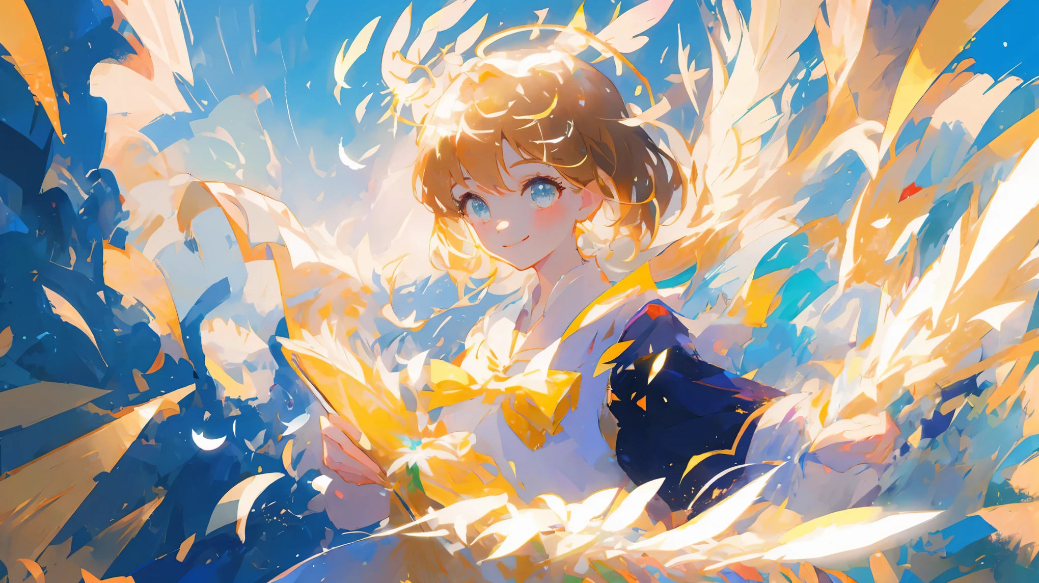 (masterpiece:1.2), best quality,pixiv,official art,perfect anatomy, (Ray tracing, light),solo, Masterpiece, best quality, super detailed, illustration, close-up, direct view, face focus, 1girl, look at the sky , JK uniform, golden hair , cyan eyes, smile, angel halo, feather wings, full body
