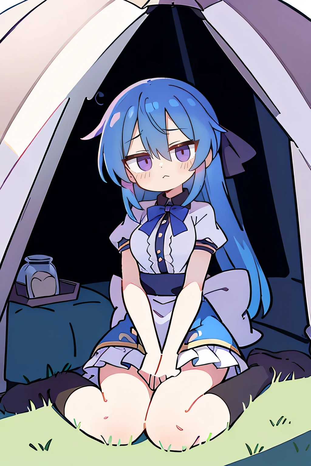 (masterpiece),best quality, expressive eyes, perfect face,sit, sit on ground, legs on the ground, 1girl,
big breasts, H cup, Good breasts, Put your hands on your waist,Fair, Gorgeous,japanese manga,girl,Laura,young angel, blue hair, blue haired,tent , tent chest, tent breast, floating clothes