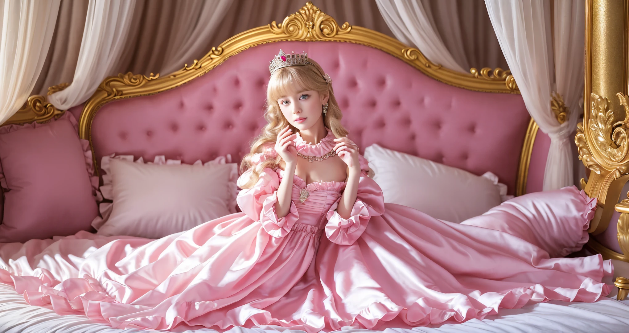 ,highest quality, masterpiece, highest resolution, artwork, super それにget used to it, many get used to it, get used to it, それにget used to it, 3K realistic photos,,(( of )),Super detailed baby face,She is a princess,Full length ball gown dress with hoop skirt,ruffled yoke collar,puff sleeves,long sleeve,((lolita style pink princess satin dress、Comes with lots of frills and ribbons。)),colorful rococo fashion,shiny satin dress,Soft and smooth fabric,luxury,long blonde hair,blue eyes,white skin european,pajamas,((inside the palace)),,,(( When I was 10 years old)),Sd baby face,Full length ball gown dress with hoop skirt,long skirt,ruffled yoke collar,puff sleeves,腰まで伸びるlong blonde hair,blue eyes,white skin european,pajamas,((inside the palace bedroom)),ピンクのシルクサテンのluxuryなcanopy bedの上,canopy bed,Luxurious curtains on both sides of the bed,many frilly pillows on the bed,super detailed background,detailed bed,romantic atmosphere,little princess is sitting on the bed,,((((Both legs are hidden in the dress)))),the dress is spread out on the bed,big round dress,soft pink silk satin comforter,soft silk satin ruffled pillow,Beautiful girl illustration,detailed beautiful face detailed hair,detailed human eye ,detailed mouth, arm details,fine hands,Detailed pillow,many pillows piled up,