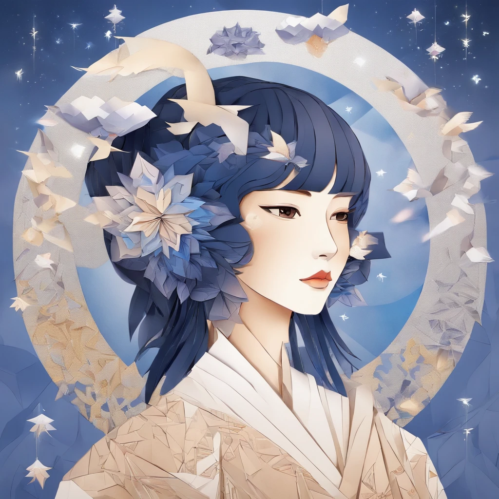 Beautiful girl's, huge moon, mysterious shimmering and intricate ancient pattern illustrations, anime style, watercolor, fantastic, moonlight, night sky, space colors, hair in one knot bun, face sparkling with anticipation.