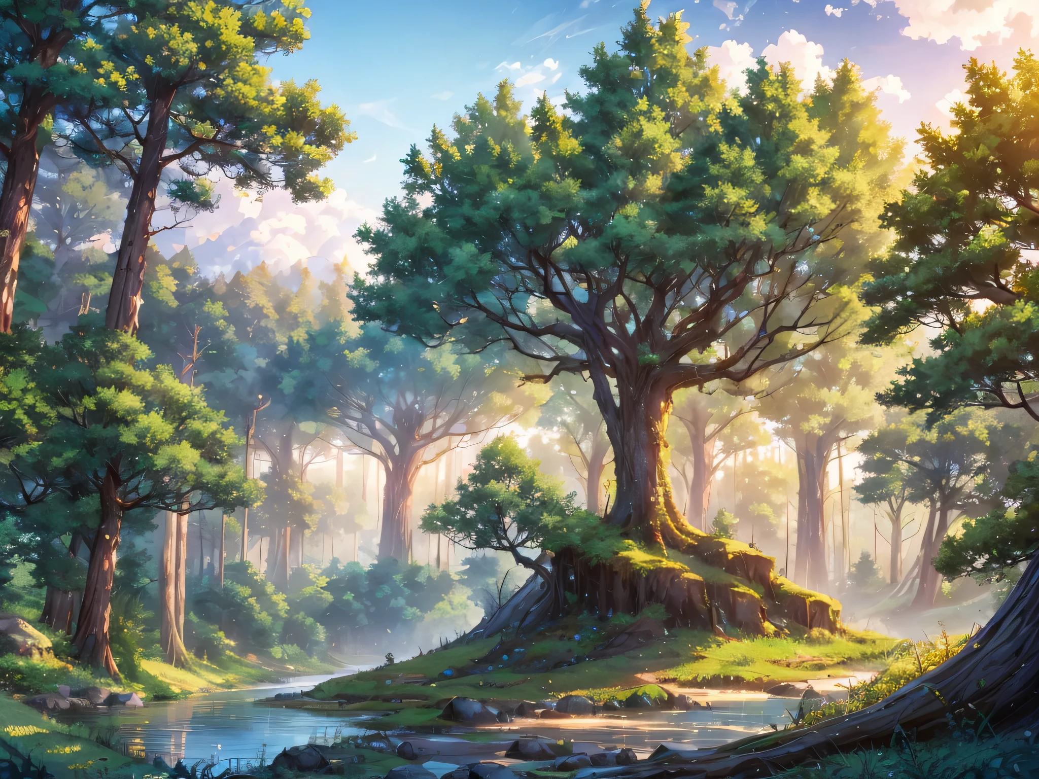 Beautiful forest clearing in summer. The weather is sunny. No one at the scene. high quality. style anime. masterpiece, soft light, Very detailed.