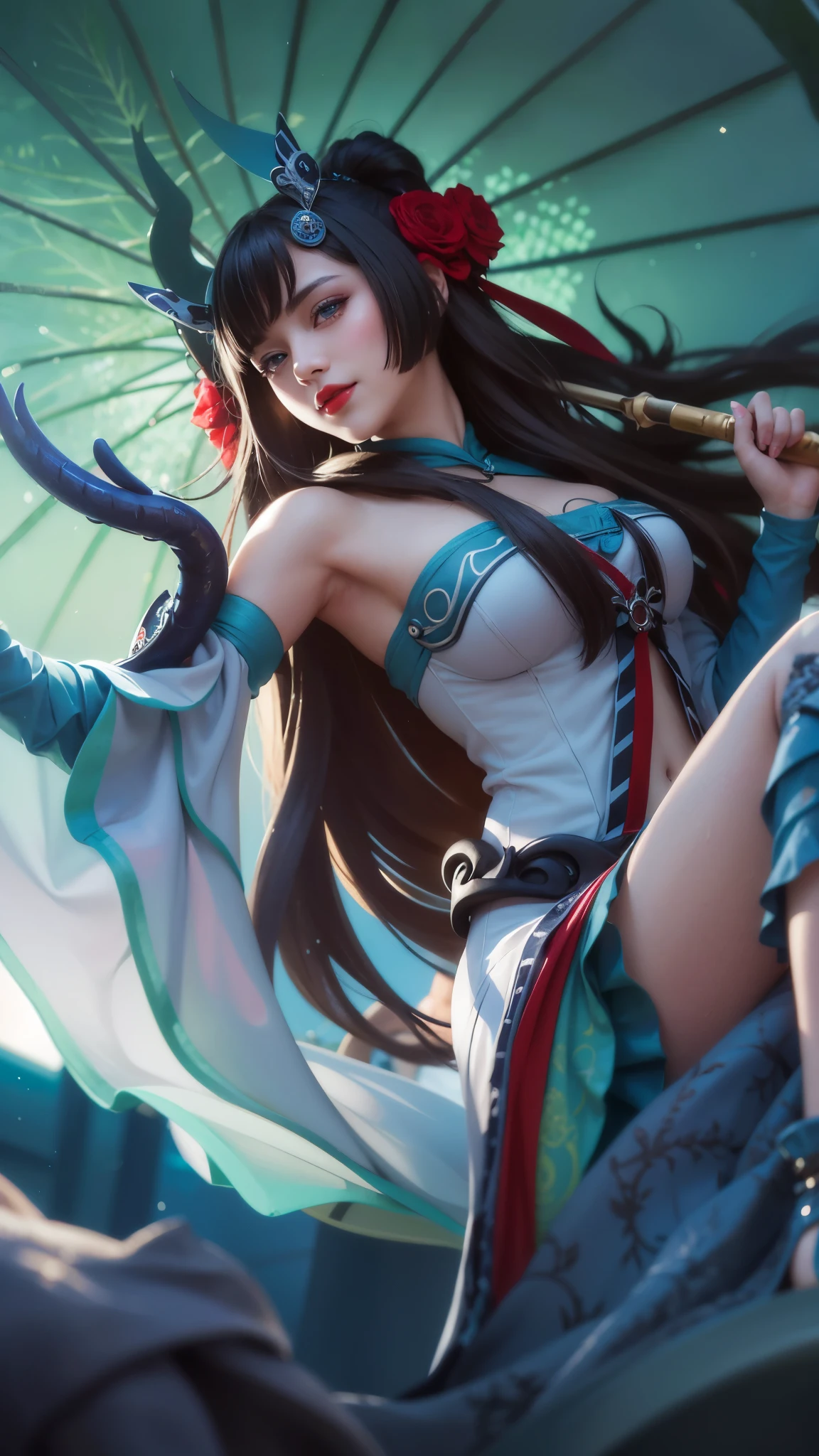 girl with black hair holding a umbrella, red lips glossy, 8k, ultra hd, ultra detailed texture, hyper realistic, masterpiece, detailed texture, detailed face, detailed skin, detailed lighting, (photorealistic:1.5), best quality, beautiful lighting, cinematic lighting, professional lighting, ultra highres, realistic, detailed hair, real hair, high quality, (realskin:1.5), extremely detailed, finely detail, ultra-detailed, smile, blue eyes