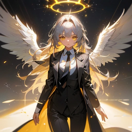 (masterpiece, highest quality:1.3), (Super detailed:1.3), 1 girl, alone, (gray hair, messy hair, long hair), (angel wings, Angel Halo), flat chest, yellow eyes, (white shirt, black tie, black coat, open coat), cowboy shot, cinematic lighting, (((shining light particles))), (turn your arms behind your back), dynamic angle,