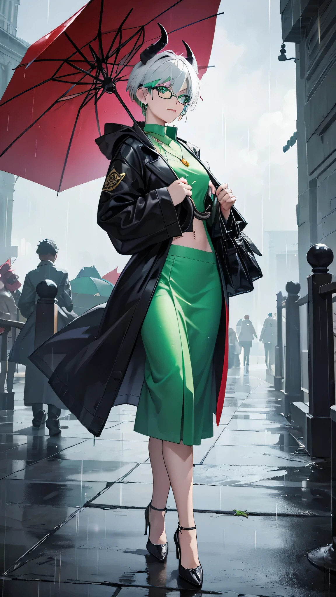 8k, masterpiece, best quality, highly detailed, 1girl, tiefling, multicolored hair, very short straight hair green highlight hair on white hair, strippled hair, wearing glasses, earrings, necklace, mole, glowing green eyes, glamorous , teal and purple raincoats, high heels, navel piercing, villainy, smirk, seductive pose, close up view, rings, looking at viewer, demon horns, fullbody view, raining, holding umbrella, wet coat.