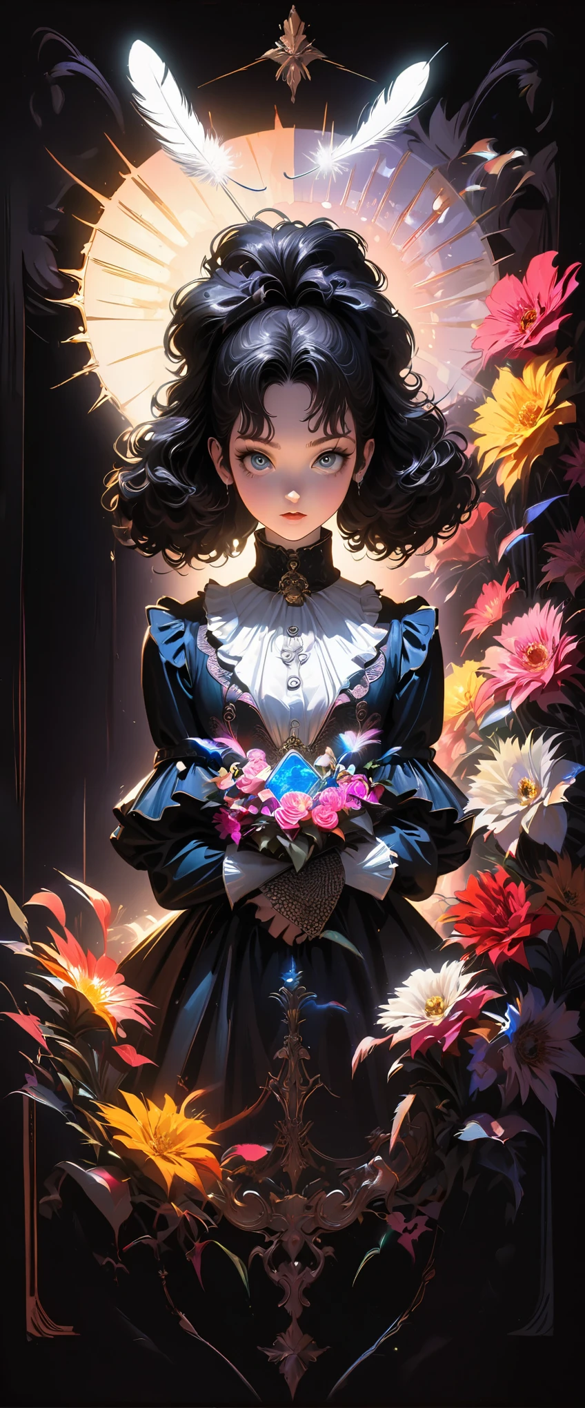 tarot cards,illustration,,acrylic ,Thick coating,victorian art style,genius girl,Beautiful clothes made of flowers,(full body portrait:1.4),focus on falling feathers,spotlight effect,rim light,Glowing special effects,Bright colors、bright,high saturation,high contrast,black background,Ultra-fine,Surreal,Real light and shadow contrast,realistic raytracing,True light attenuation,True light reflection,anti-aesthetic style,poodle punk,Snapshot aesthetic style