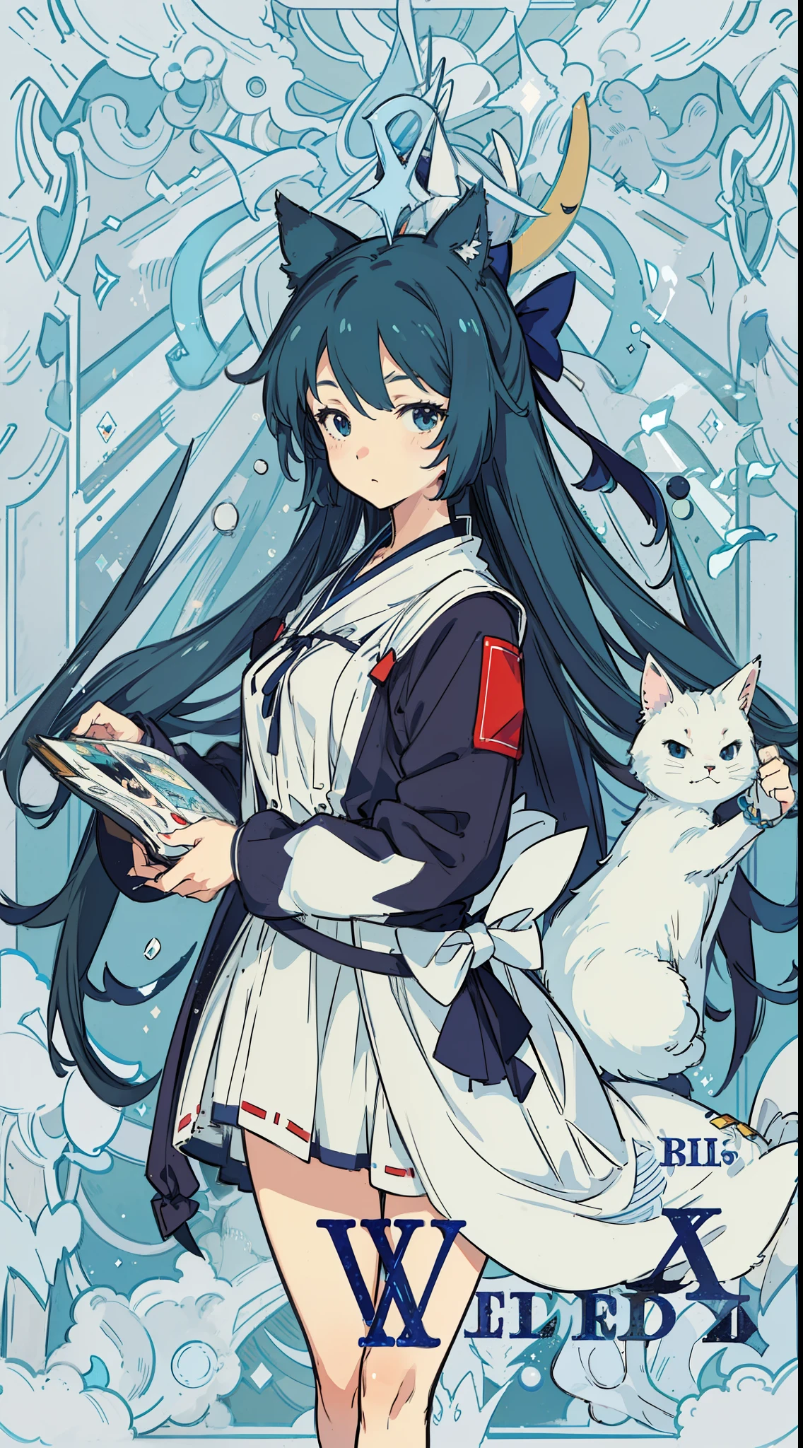 anime girl with long hair and a cat ears and a bow, an anime drawing by Shitao, pixiv, rococo, detailed digital anime art, detailed anime artwork, beautiful anime girl, kantai collection style, from arknights, top rated on pixiv, detailed portrait of anime girl, detailed anime art, anime girl, portrait anime girl,full body 