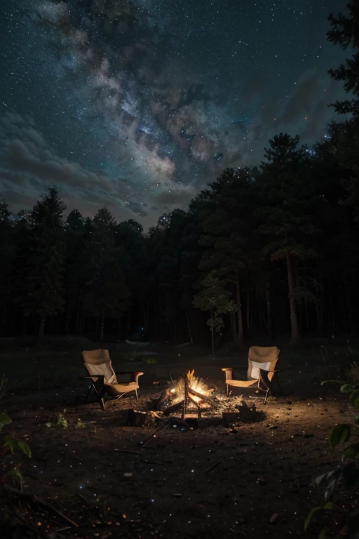 A vacant lot in a forest densely surrounded by trees, soft soil, Stars twinkling in the dark sky in the forest, I see the Milky Way. A bonfire is burning brightly. The bonfire is bigger, Two comfortable camping chairs are neatly placed next to the bonfire. A simple tent for one person can also be seen a little behind.. No people appear. Darker, milky way in the night sky , The composition is slightly further back