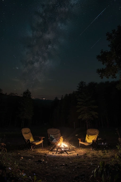 A vacant lot in a forest densely surrounded by trees, soft soil, Stars twinkling in the dark sky in the forest, I see the Milky Way. A bonfire is burning brightly. The bonfire is bigger, Two comfortable camping chairs are neatly placed next to the bonfire. A simple tent for one person can also be seen a little behind.. No people appear. Darker, milky way in the night sky , The composition is slightly further back