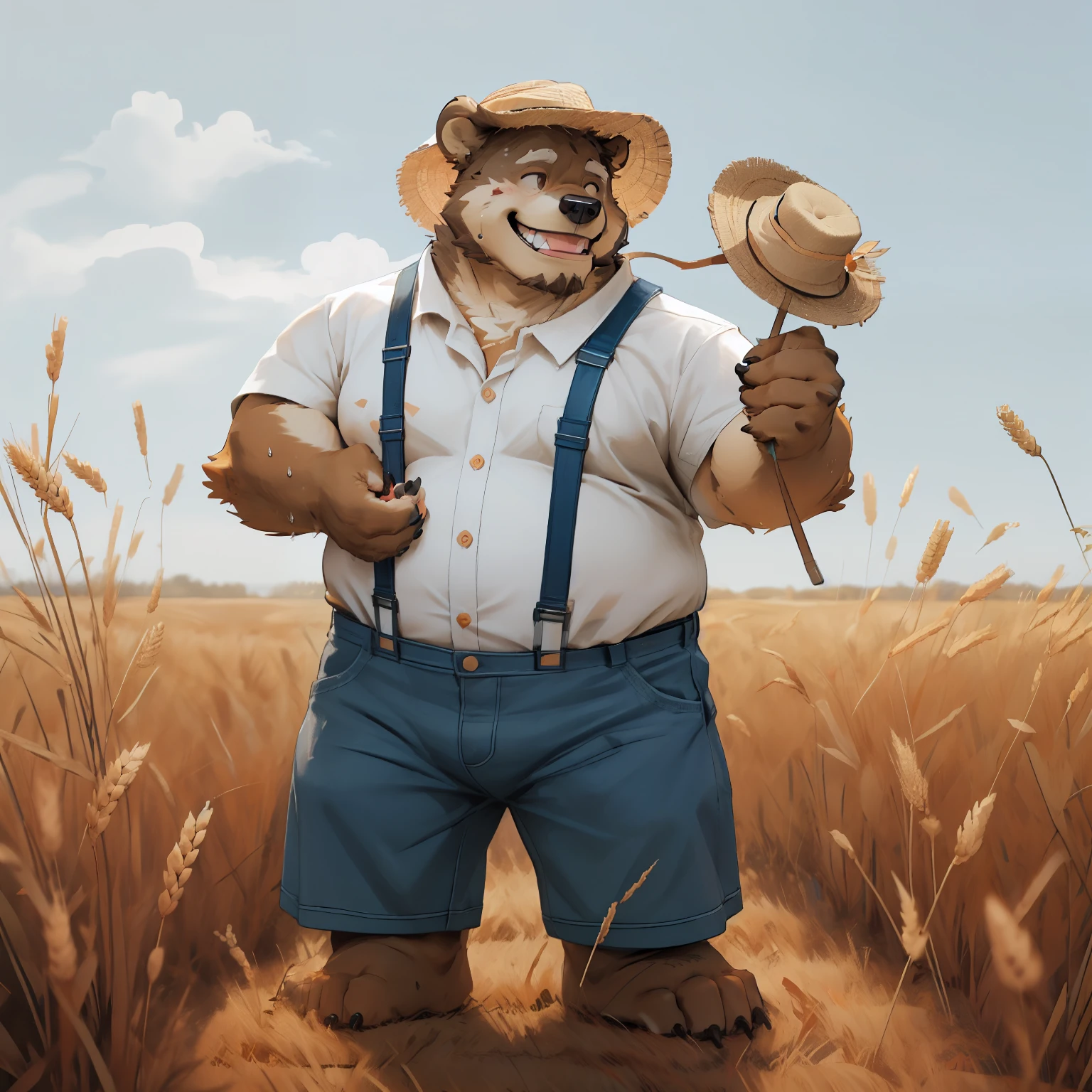 New Jersey 5 Hairy, Bear，full body portrait, male,exquisite， chubby，thick arms，plush fur，front，stand，straw hat，white shirt，Blue denim suspenders，wheat field，stand，sweating，Smile