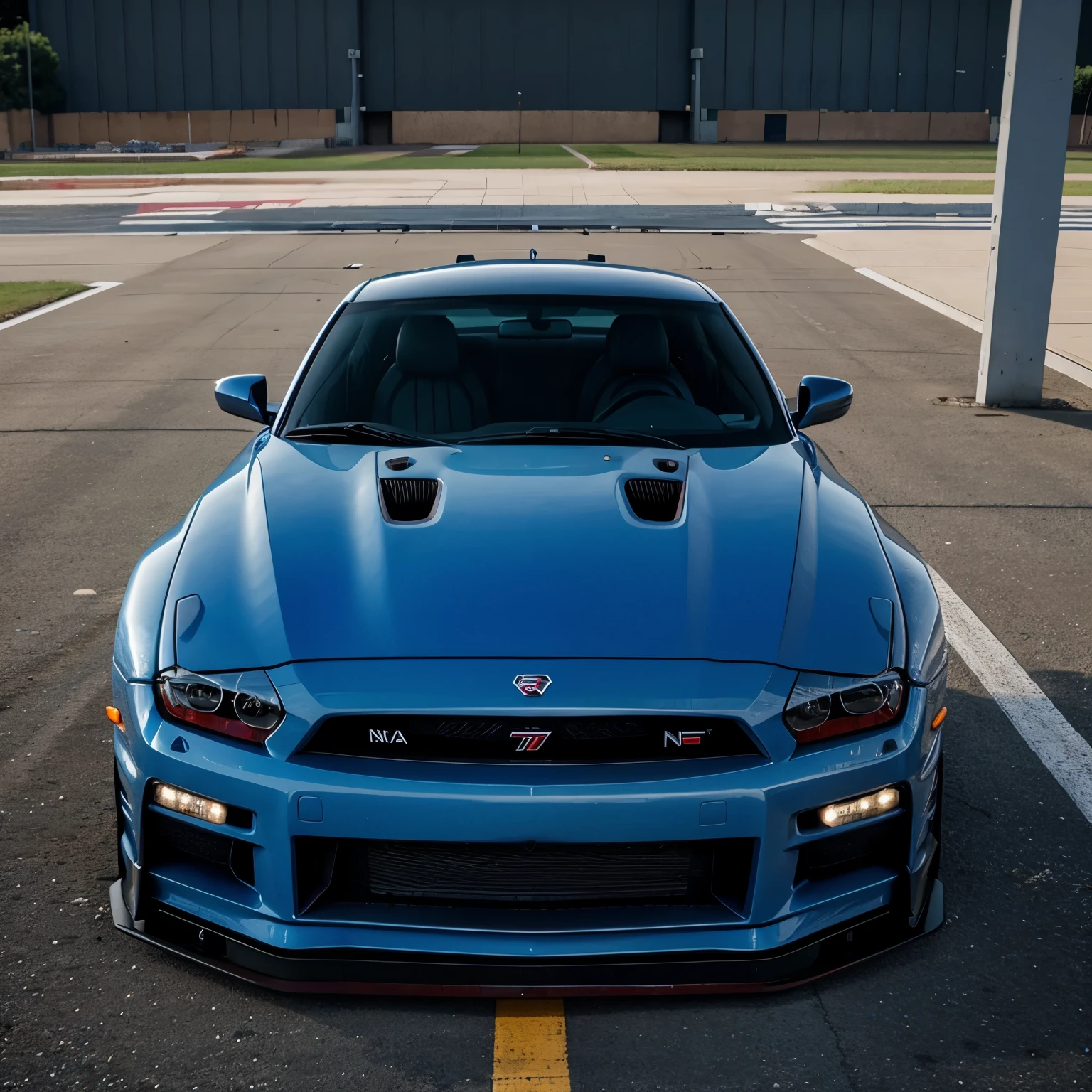 Un nissan gtr r34 azul en un aereopuerto abandonado