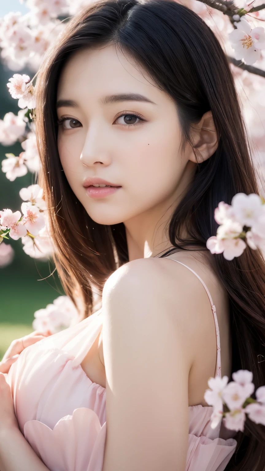 (A logo、masterpiece、8K、masutepiece、Raw photo、Fantastic、Best Quality、Photorealistic and ighly detailed CG integrated 8k wallpaper、hightquality、ighly detailed、epic poem、Particle effect、Dynamic effects、depth of fields、Cinematic Light、Lens Flare、Ray tracing)、Fantasia、 (Beauty 1 person、doress、Dress、Cherry blossom pattern、A dark-haired、Beautiful face、Real Face、beautiful details eyes beautiful skin)、my hair dances in the wind、Hair flutters in the wind、Hair jumps、Pink cherry blossom tree、Petals flutter、Sakura blizzard、Superb view、morning glow、Sun in the background、the wind、