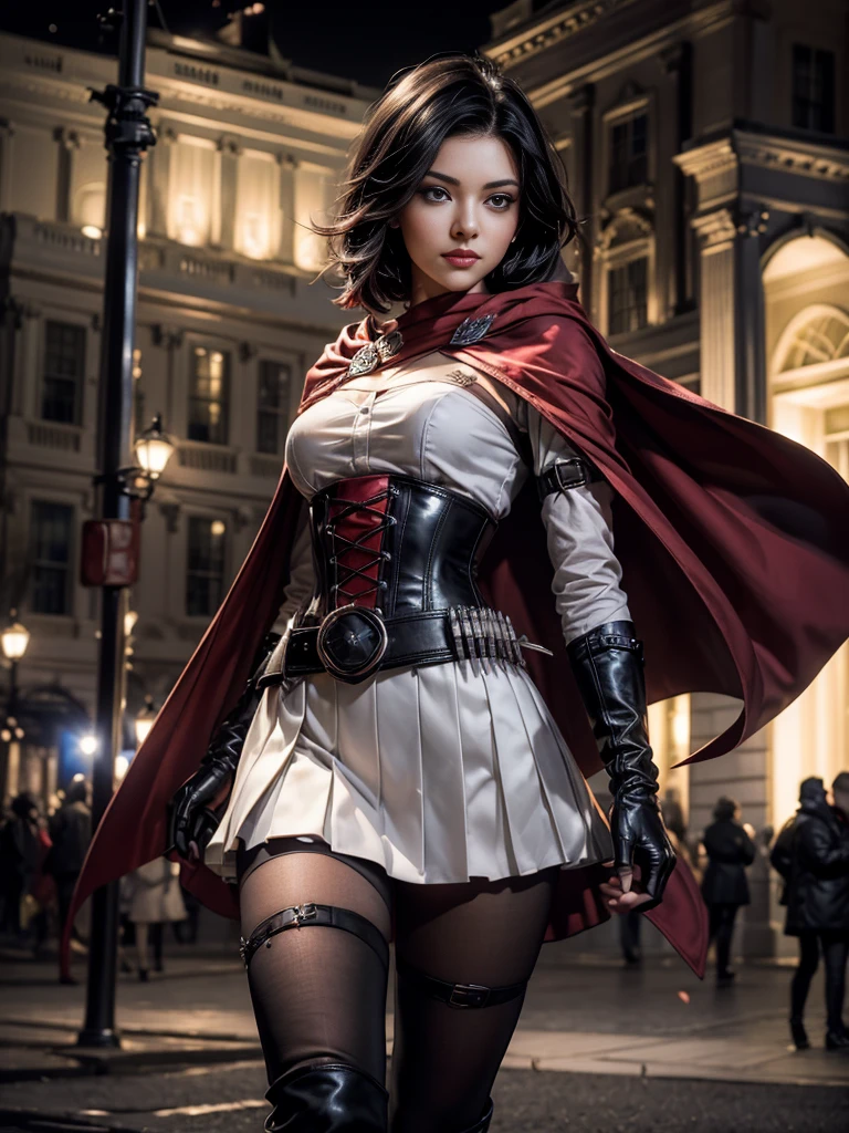 (masterpiece,stunning girlfriend, (standing:1.1), dynamic pose, heart shaped face,elegant face, beautiful face, highly detailed face, highly detailed skin, skin pores, subsurface scattering, realistic pupils, loving smile, looking at viewer, full lips, detailed background, depth of field, atmospheric perspective, volumetric lighting, sharp focus, absurdres, realistic proportions, good anatomy, (realistic, hyperrealistic:1.4), 16k hdr, 1girl,atlasrose, (short black hair), gradient hair, grey eyes, red cape, white shirt, pantyhose, belt, red skirt, corset, thigh boots, fingerless gloves,masterpiece,best quality,extremely detailed, rose petals, wind, evening, stars, standing, in front of the white house, washington dc, night, stars, crowds 