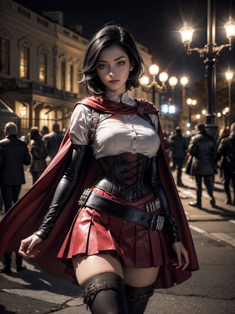 (masterpiece,stunning girlfriend, (standing:1.1), dynamic pose, heart shaped face,elegant face, beautiful face, highly detailed face, highly detailed skin, skin pores, subsurface scattering, realistic pupils, loving smile, looking at viewer, full lips, detailed background, depth of field, atmospheric perspective, volumetric lighting, sharp focus, absurdres, realistic proportions, good anatomy, (realistic, hyperrealistic:1.4), 16k hdr, 1girl,atlasrose, (short black hair), gradient hair, grey eyes, red cape, white shirt, pantyhose, belt, red skirt, corset, thigh boots, fingerless gloves,masterpiece,best quality,extremely detailed, rose petals, wind, evening, stars, standing, in front of the white house, washington dc, night, stars, crowds