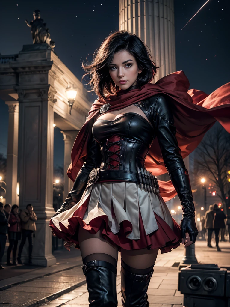 (masterpiece,stunning girlfriend, (standing:1.1), dynamic pose, heart shaped face, elegant face, beautiful face, highly detailed face, highly detailed skin, skin pores, subsurface scattering, realistic pupils, loving smile, looking at viewer, full face blush, full lips, detailed background, depth of field, atmospheric perspective, volumetric lighting, sharp focus, absurdres, realistic proportions, good anatomy, (realistic, hyperrealistic:1.4), 16k hdr, (masterpiece, best quality), 1girl, ruby_rose, cape, dress, red cape, crescent rose, boots, pantyhose, hood, petals, corset, standing on stage, audience, crowd