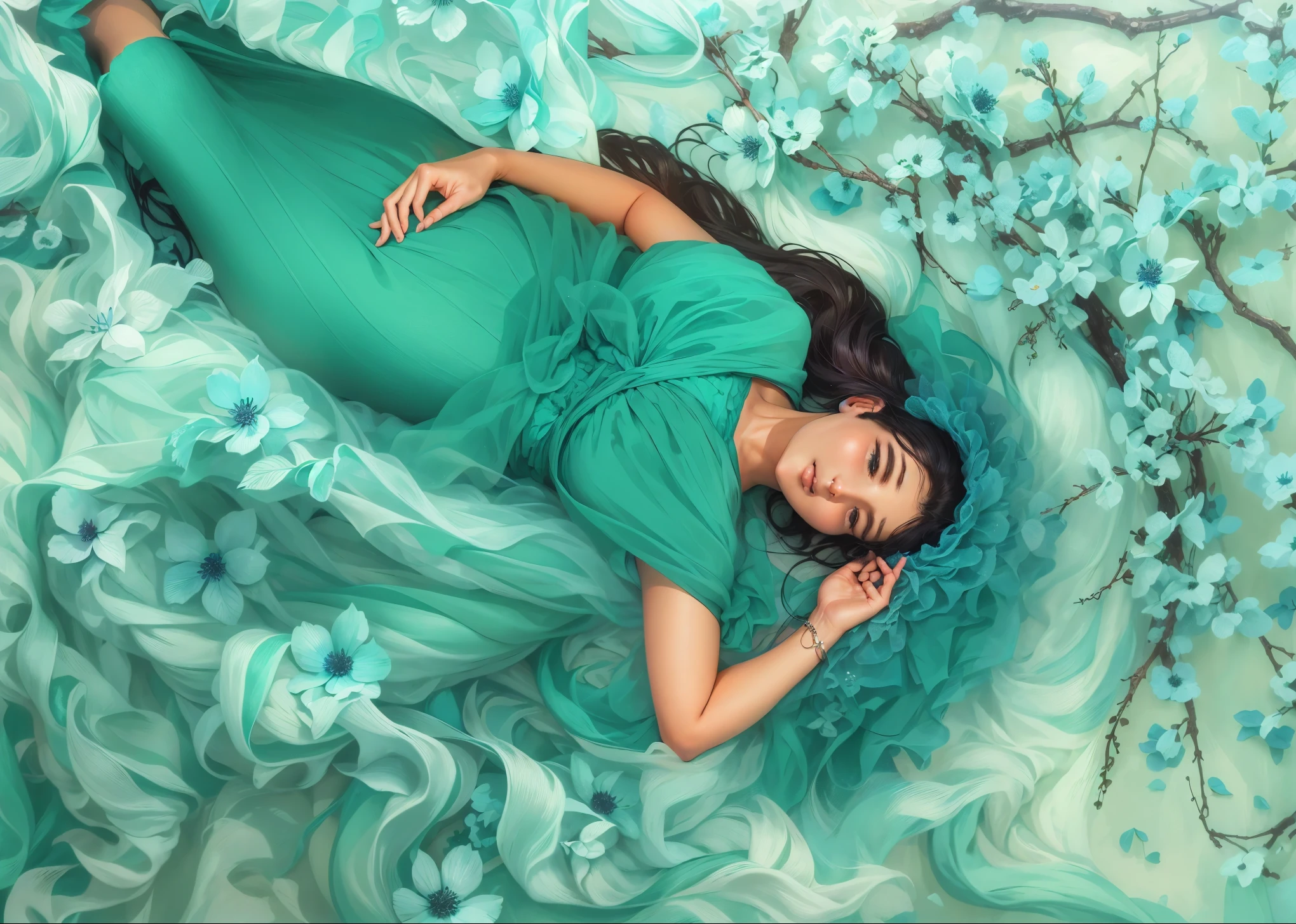 arafed woman in a blue dress laying on a bed of flowers, maternal photography 4 k, belly free teal dress, teal studio backdrop, cyan photographic backdrop, flowing aqua silk, with teal clothes, glowing hue of teal, draped in velvet and flowers, glamour photography, flowing teal-colored silk, elegant floating pose, * colour splash *, stunning elegant pose