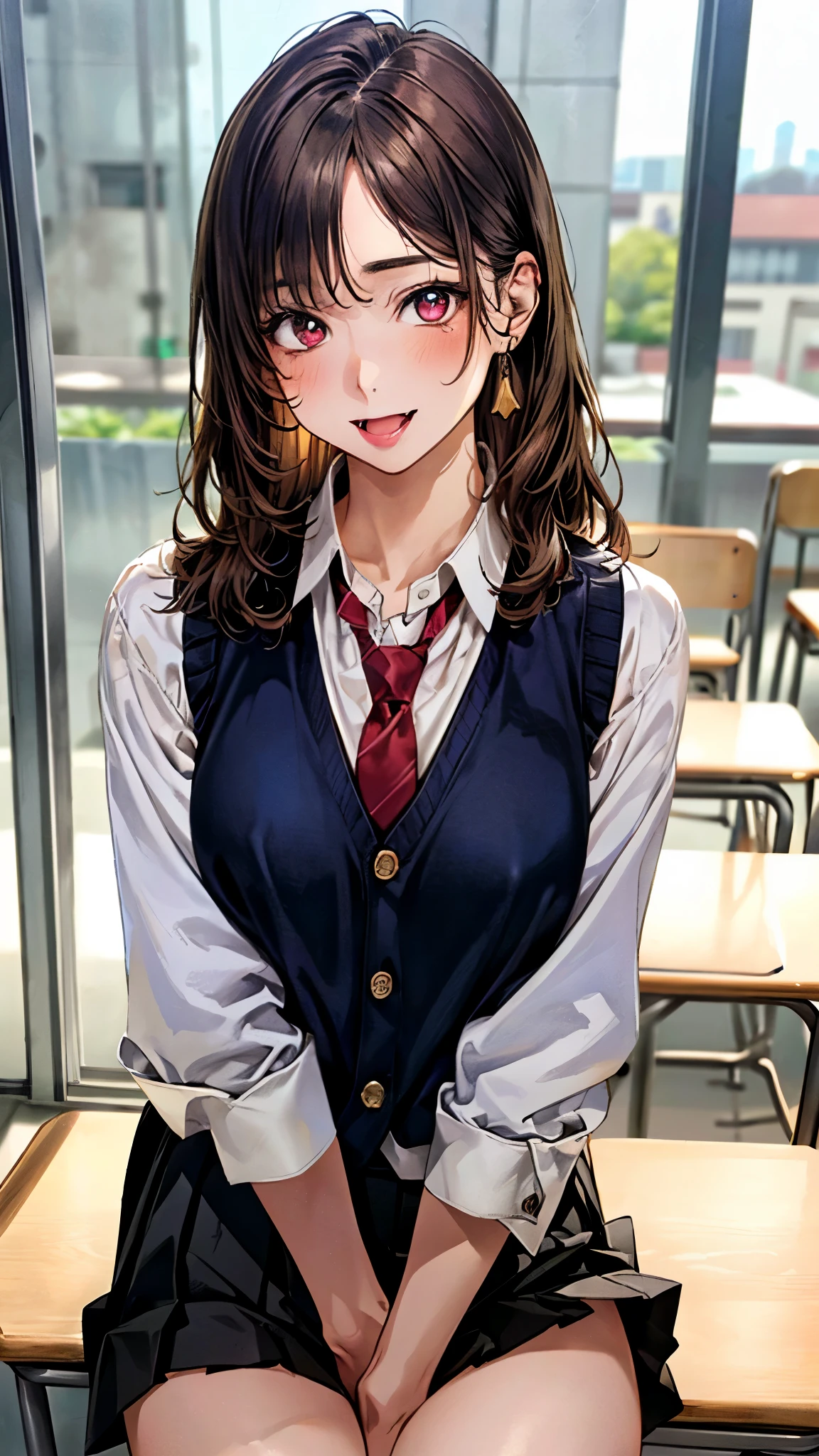 (masterpiece:1.3, top-quality, ultra high res, ultra detailed), (realistic, photorealistic:1.4), beautiful illustration, perfect lighting, natural lighting, colorful, depth of fields, surrealism,
beautiful detailed hair, beautiful detailed face, beautiful detailed eyes, beautiful clavicle, beautiful body, beautiful chest, beautiful thigh, beautiful legs, beautiful fingers,
looking at viewer, (face focus, upper body), 1 girl, japanese, sculpture model, perfect face, (perfect anatomy, anatomically correct), cute and symmetrical face, babyface, , shiny skin,
(long hair:1.7, straight hair:1.0, rosy brown hair), swept bangs, gold eyes, big eyes, slant eyes, long eye lasher, fang, (medium breasts:1.6, tight butt, seductive thighs), slender,
((black blazer, (shocking pink knit vest,) collared white shirt, black pleated skirt, red tie)), black school socks,
(beautiful scenery), morning, (classroom, chalkboard, window, ceiling light, curtains), sitting school desk, (hand in own hair), (seductive smile, open mouth small),