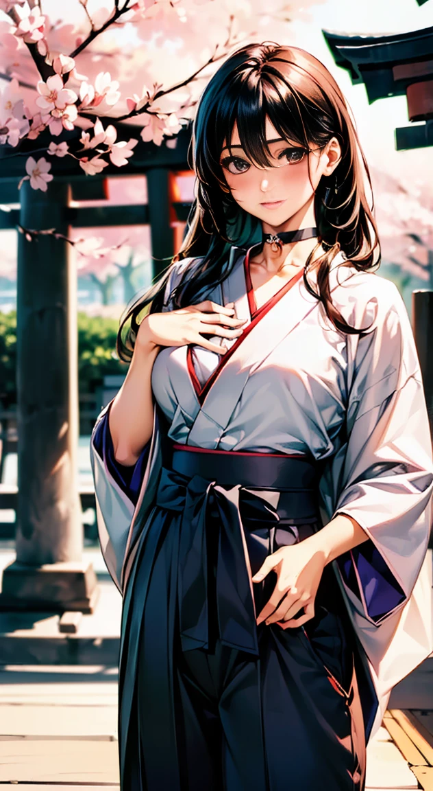 (masterpiece:1.2, highest quality, 8k, advanced details), (realistic, photorealistic:1.4), beautiful illustrations,
looking at the viewer, whole body, Front view:0.6,
((1 mature woman, 32 years old)), Japanese, ((long black hair:1.5, straight hair)), blown hair, bangs, hair between eyes , big breasts beautiful hair, beautiful hairstyle, beautiful face, beautiful and detailed eyes, (shining eyes:1.3), beautiful clavicle, beautiful body, beautiful breasts, beautiful thighs, beautiful feet, beautiful fingers, perfect anatomy:1.3, perfect anatomy,
((put your left hand on your chest:1.3)),
(Look at the viewer while blushing:1.3)
((hakama pants, choker:1.3)), ((shrine:1.6, within the territory, torii, Cherry blossom trees:1.3, Cherry tree in full bloom))