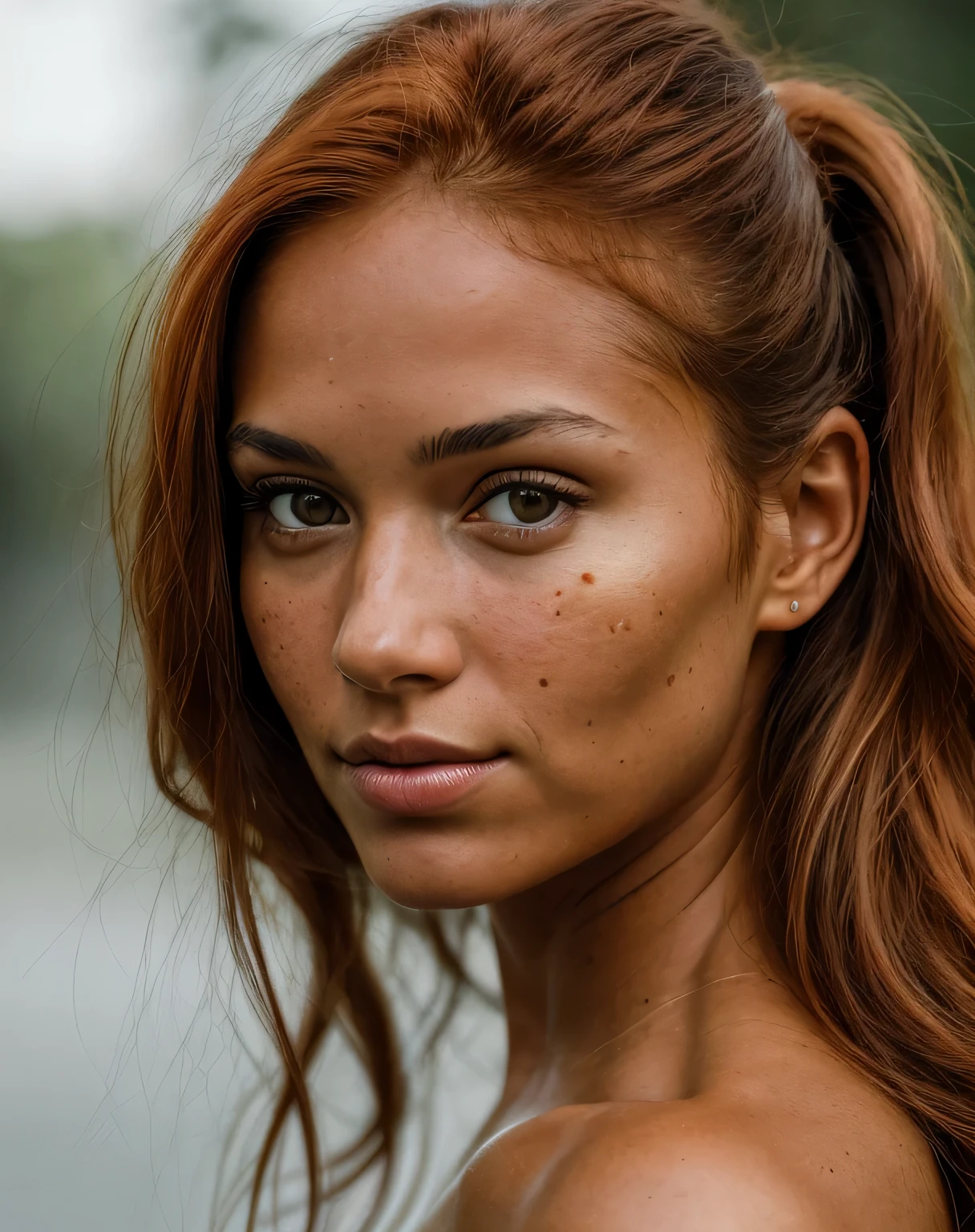 ROUGH, analog style, stunning portrait of a young beautiful woman with expressive facial features, slightly tanned skin. She's looking straight at the camera. She should have long red hair gathered in a bun, a captivating look and an alluring facial expression that allows a woman to be the center of the image. Please pay close attention to details such as highlights and shadows on her face and hair to create a realistic image. Experiment with different lighting techniques to improve the mood and atmosphere of the portrait. Looking directly into the camera, the final product should be a masterpiece that conveys the essence and beauty of a woman, ((highly detailed skin, skin details)), clear focus, volumetric fog, 8k UHD, SLR camera, high quality, film grain, Fujifilm XT3