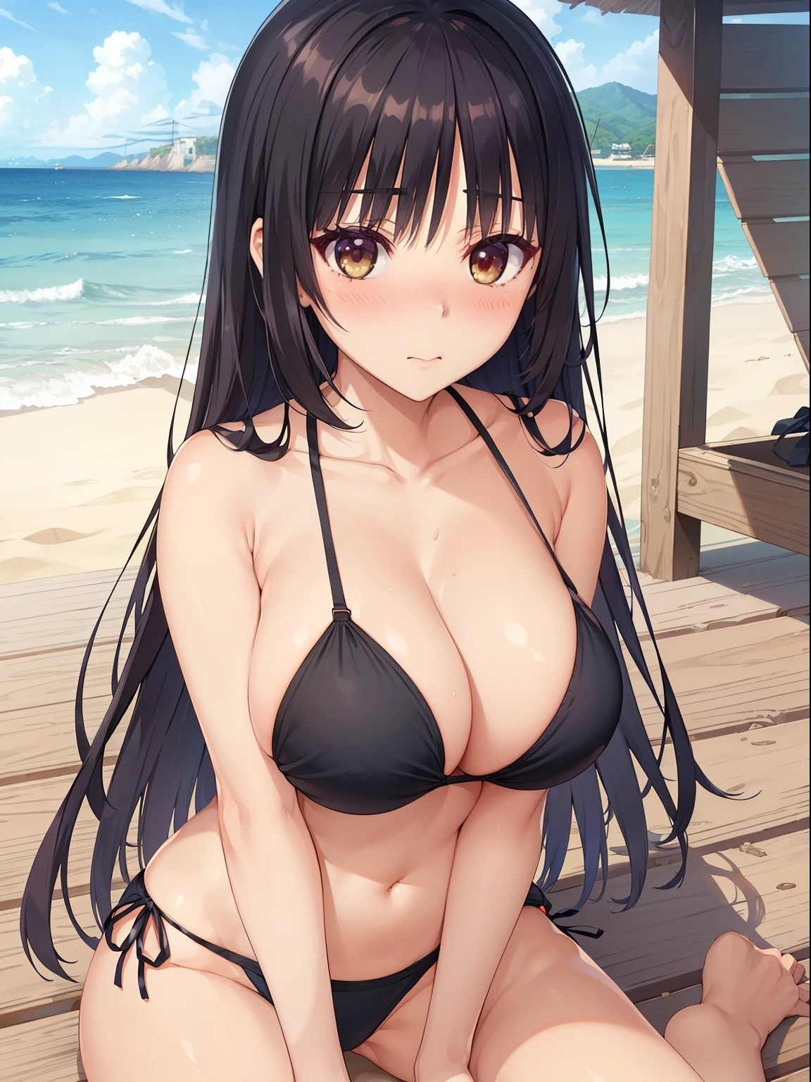 ((highest quality, High resolution,  perfect pixel, written boundary depth, 4k)), 1 girl,  beautiful anime girl, 
close, looking at the viewer, 
perfect body, 
, 
sntm, huge breast, long hair, dark hair, 

(school swimwear), 
(blush:1.2),  
in beach,  
