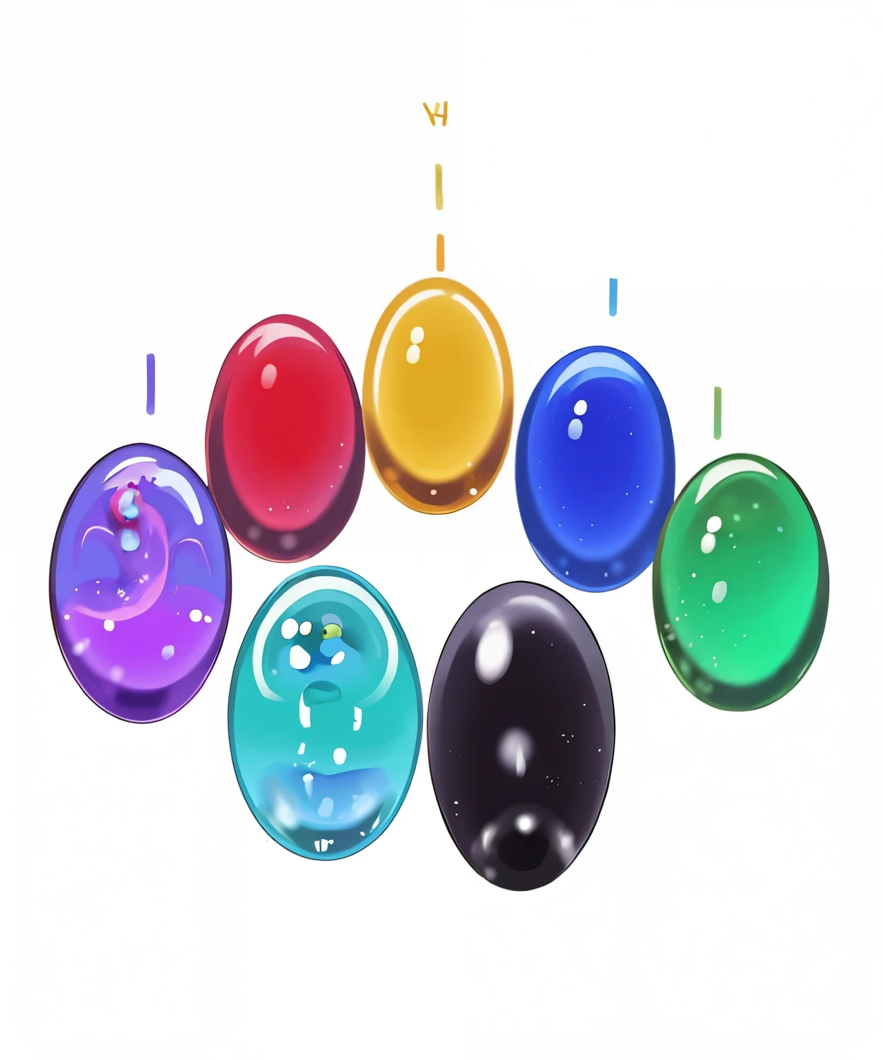 a close up of a group of colored plastic cups on a white surface, translucent orbs, lens orbs, glass orbs, 2 8 mm color, multicolored glints, various colors, multicolor glints, colored gels, multiple colors, rainbow bubbles, ethereal rainbow bubbles, colored gel lighting, colorful lenses, 6 colors, colored gems