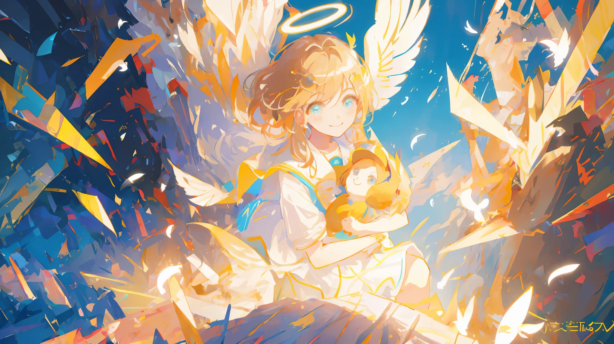 (masterpiece:1.2), best quality,pixiv,official art,perfect anatomy, (Ray tracing, light),solo, Masterpiece, best quality, super detailed, illustration, close-up, direct view, face focus, 1girl, look at the sky , JK uniform, golden hair , cyan eyes, smile, angel halo, feather wings, full body