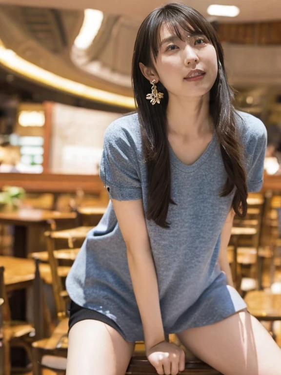 a women, (blush), ecstasy face, earrings, necklace, climbing and straddling to hit her cute panties on the corner of the table, open legs, raise leg, open mouth, (masturbation), large mall, ceiling, place where many people, (anime background),
