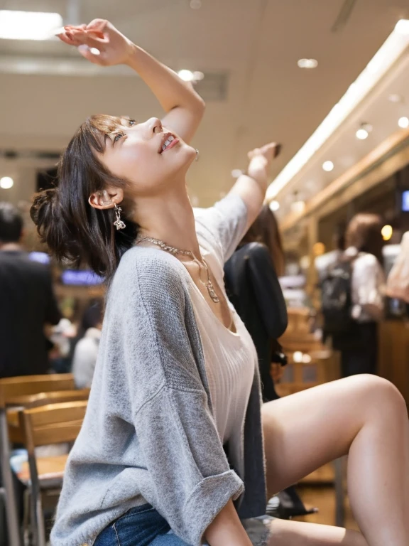 a women, (blush), ecstasy face, earrings, necklace, climbing and straddling to hit her cute panties on the corner of the table, open legs, raise leg, open mouth, (masturbation), large mall, ceiling, place where many people, (anime background),