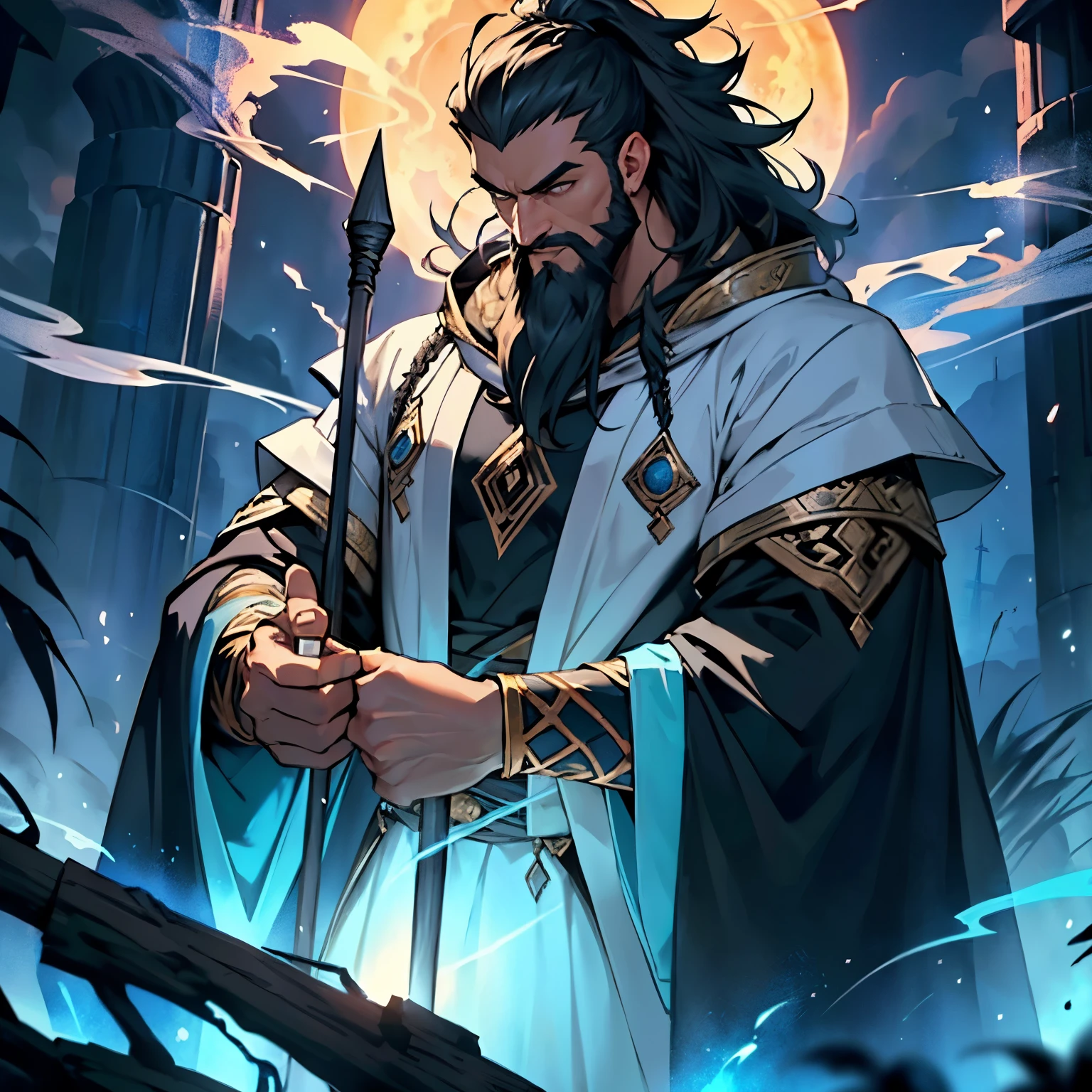 (Muscular wizard casting spells, high resolution, 1 male character, Fantasy Focus, detailed body, ultra-detailed eyes, hyper-detailed face, thick eyebrows, designed beard, bald head, powerful physique, flowing robes, glowing staff, intense concentration, magical energy swirling around, spellbinding aura, ancient runes inscribed on staff, wisps of smoke, sparks of magic, flawless lighting, mystical atmosphere, masterful artwork)