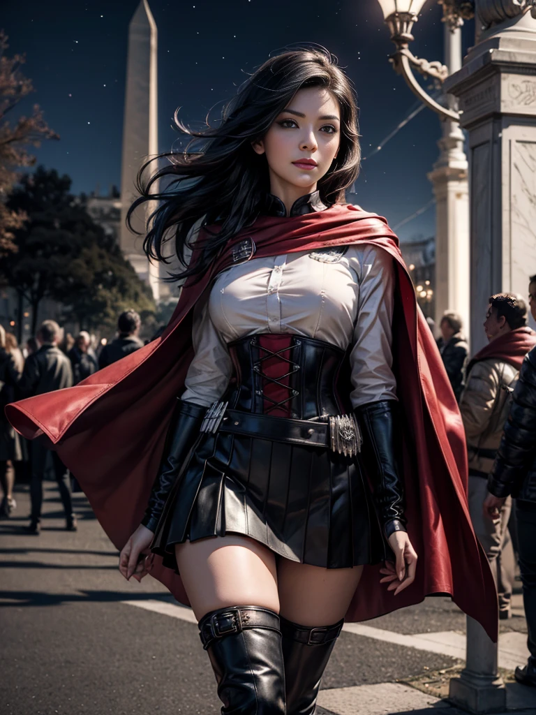 (masterpiece,stunning girlfriend, (standing:1.1), dynamic pose, heart shaped face,elegant face, beautiful face, highly detailed face, highly detailed skin, skin pores, subsurface scattering, realistic pupils, loving smile, looking at viewer, full lips, detailed background, depth of field, atmospheric perspective, volumetric lighting, sharp focus, absurdres, realistic proportions, good anatomy, (realistic, hyperrealistic:1.4), 16k hdr, 1girl,atlasrose, (short black hair), gradient hair, grey eyes, red cape, white shirt, pantyhose, belt, red skirt, corset, thigh boots, fingerless gloves,masterpiece,best quality,extremely detailed, rose petals, wind, evening, [[moon]], stars, standing, in front of the white house, washington dc, night, stars, crowds 