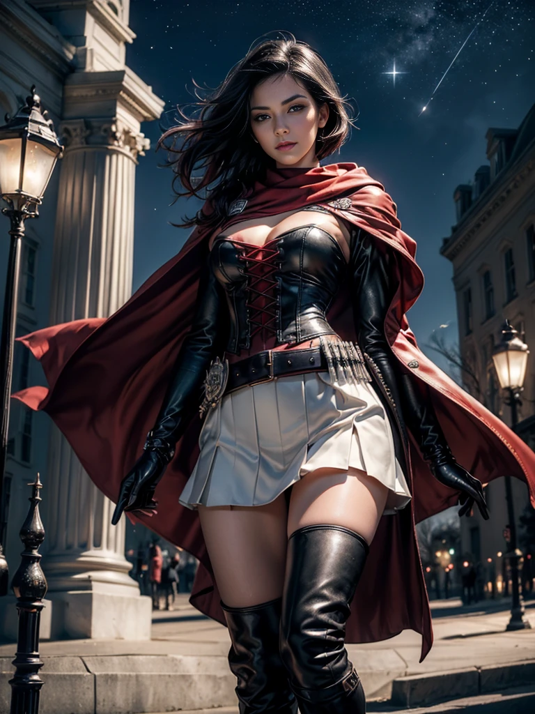 (masterpiece,stunning girlfriend, (standing:1.1), dynamic pose, heart shaped face,elegant face, beautiful face, highly detailed face, highly detailed skin, skin pores, subsurface scattering, realistic pupils, loving smile, looking at viewer, full lips, detailed background, depth of field, atmospheric perspective, volumetric lighting, sharp focus, absurdres, realistic proportions, good anatomy, (realistic, hyperrealistic:1.4), 16k hdr, 1girl,atlasrose, (short black hair), gradient hair, grey eyes, red cape, white shirt, pantyhose, belt, red skirt, corset, thigh boots, fingerless gloves,masterpiece,best quality,extremely detailed, rose petals, wind, evening, [[moon]], stars, standing, in front of the white house, washington dc, night, stars, crowds 