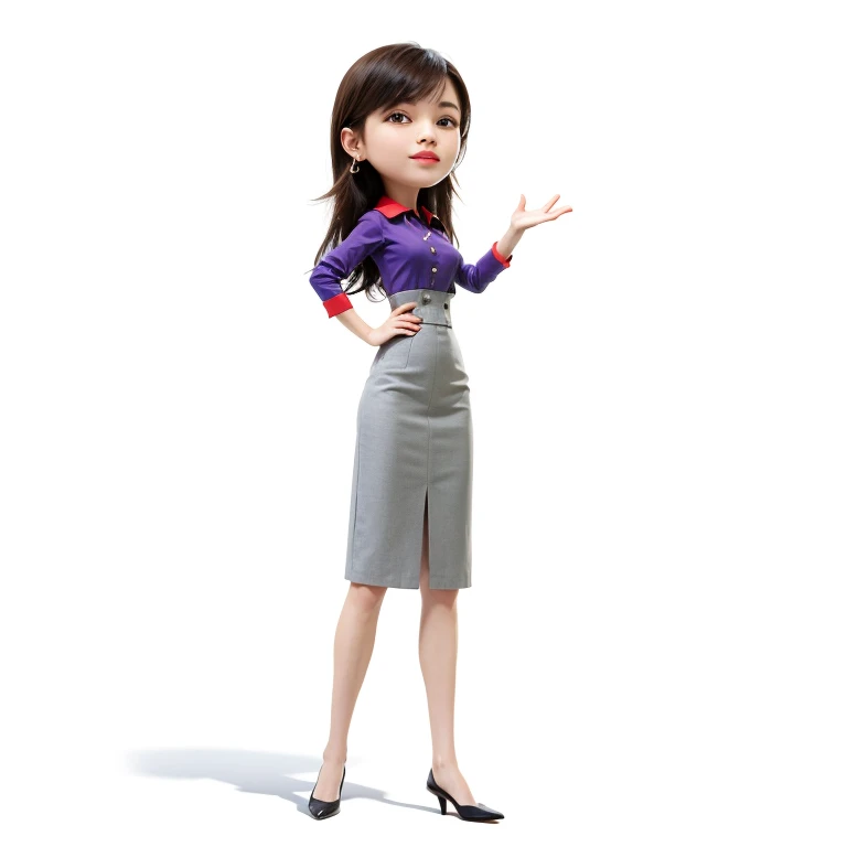 uma mulher com saia e camisa roxa, woman in office dress, pose formal de retrato estilizado, business woman