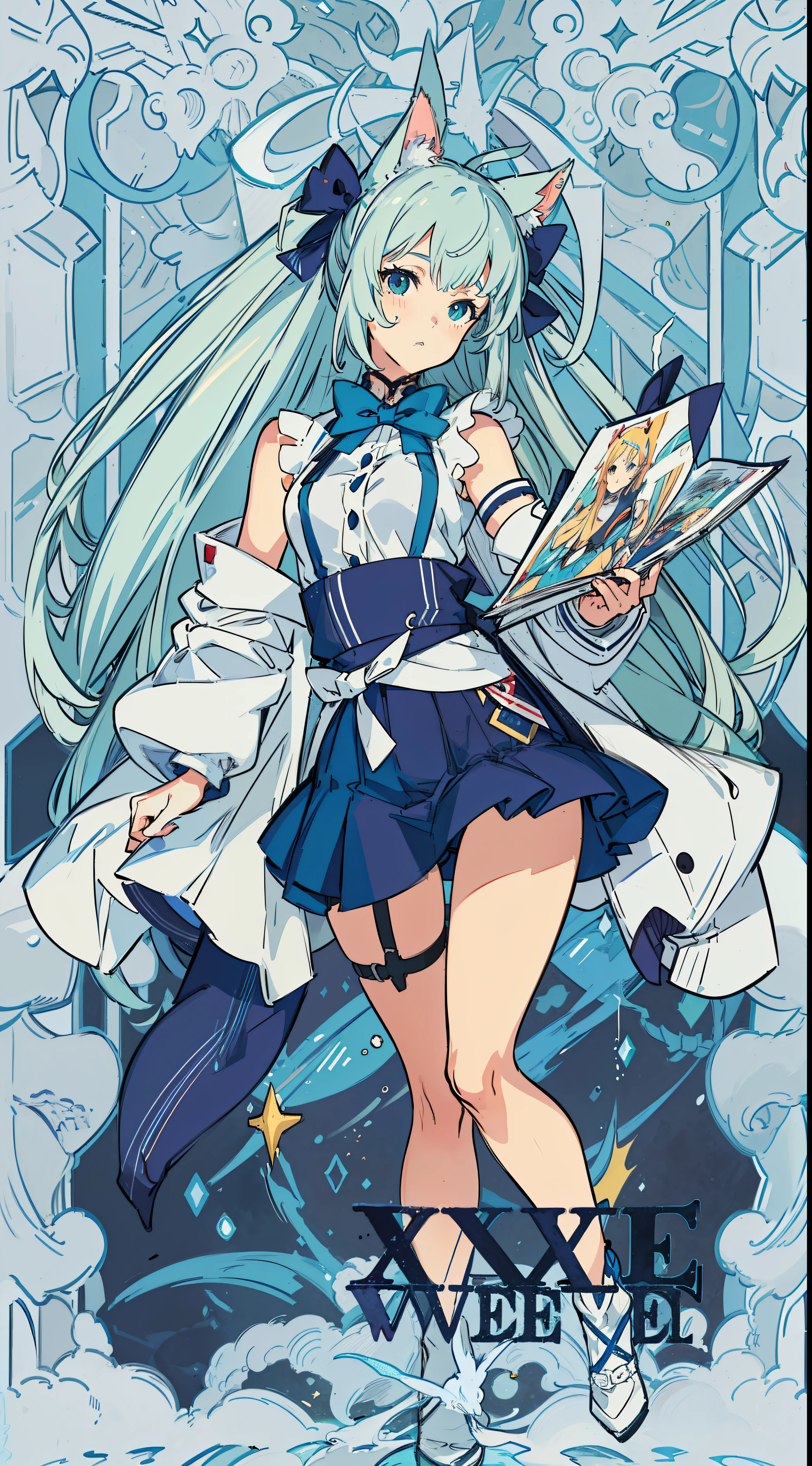 anime girl with long hair and a cat ears and a bow, an anime drawing by Shitao, pixiv, rococo, detailed digital anime art, detailed anime artwork, beautiful anime girl, kantai collection style, from arknights, top rated on pixiv, detailed portrait of anime girl, detailed anime art, anime girl, portrait anime girl,full body 