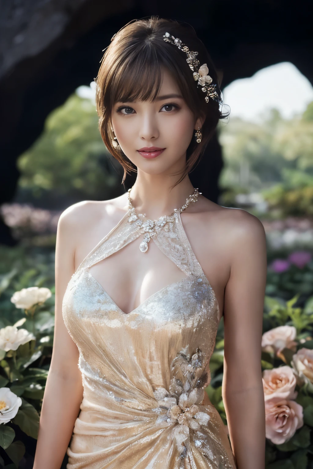 ((table top:1.4, highest quality)), (realistic pictures:1.4), 
((1 girl)), (Pure actress), (dream-like),
(超High resolution:1.2), very delicate and beautiful, wonderful, Highly detailed CG Unity 8K wallpaper, Super detailed, High resolution, 
soft light, beautiful detailed girl, highly detailed eyes and face, beautifully detailed nose, beautiful and detailed eyes, 
(wear a gorgeous glitter dress:1.3), 
cinematic lighting, perfect anatomy, slender body, (parted bangs),
(Flower garden blooming in a cave:1.3), (Flowers blooming all over in the darkness々the brilliance of:1.5), (Light and dark emphasis), (fantastic beauty),
cowboy shot, looking at the viewer, (smile)
