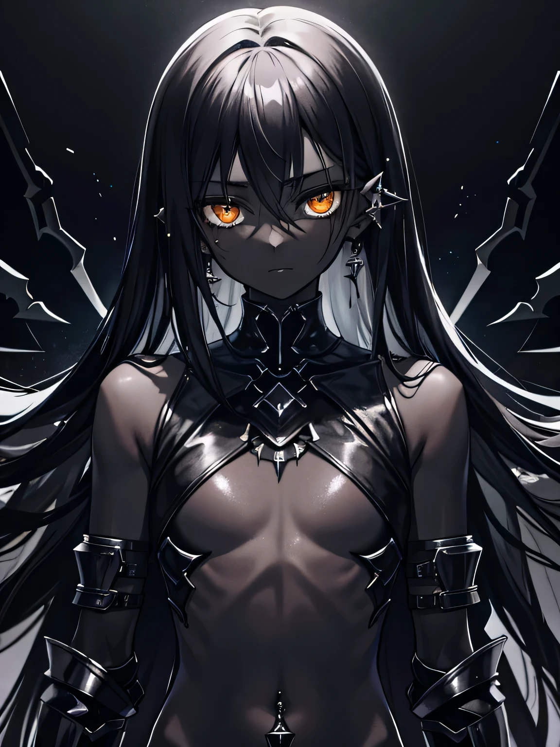 Dark fantasy, knee length portrait, beautiful biopunk girl, lots of dividing lines, iron eyes, dark skin, dark black skin, dark gray skin, (dark black ashen skin), glossy skin, wet skin, ((oil skin)), ((many dividing lines)), ((less clothes)), open hips, open belly, ((piercings)), devastated environment, (dark lighting), highly detailed art, many details, extremely detailed background